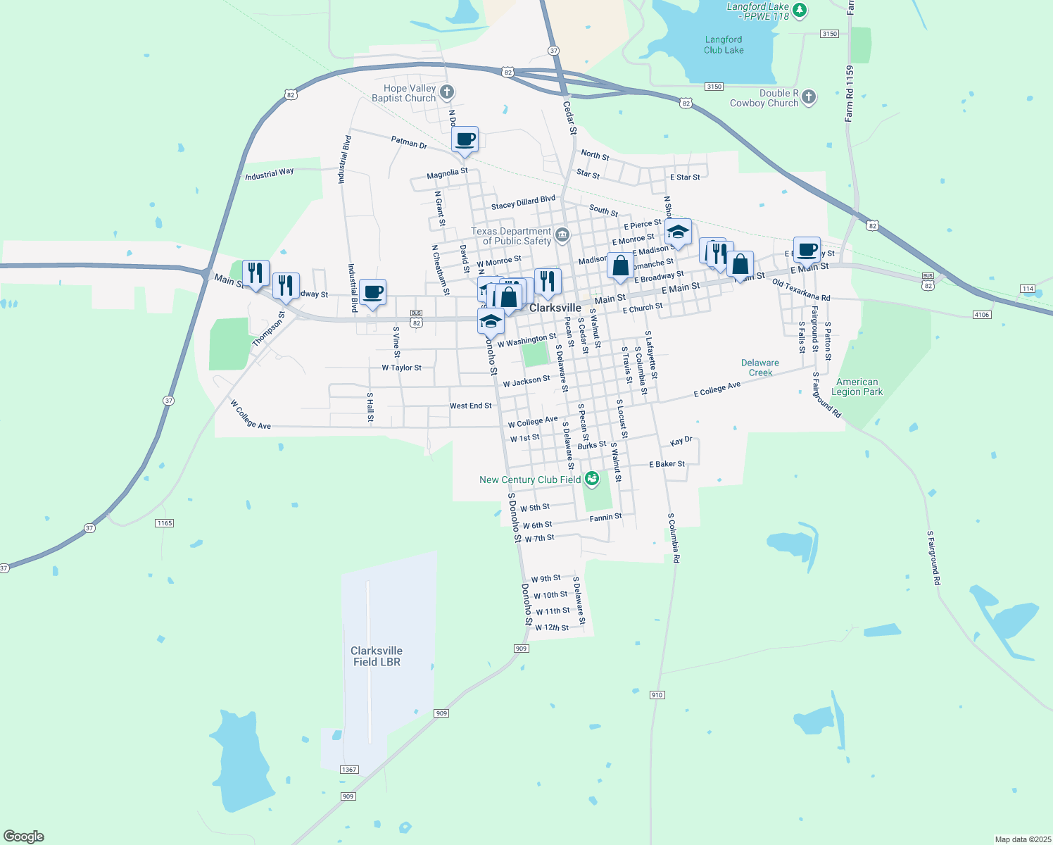 map of restaurants, bars, coffee shops, grocery stores, and more near 900 South Grove Street in Clarksville