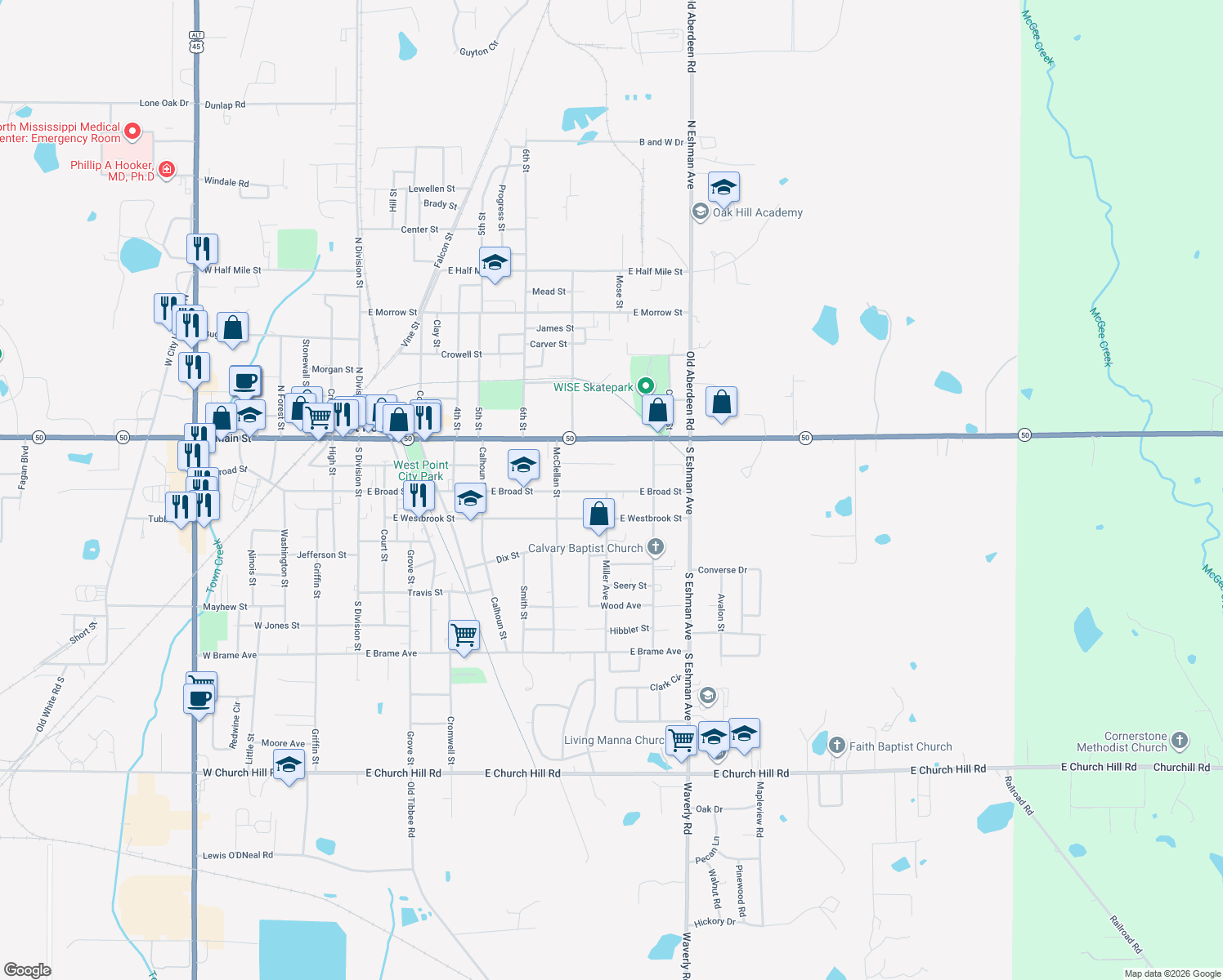map of restaurants, bars, coffee shops, grocery stores, and more near 998 E Broad St in West Point