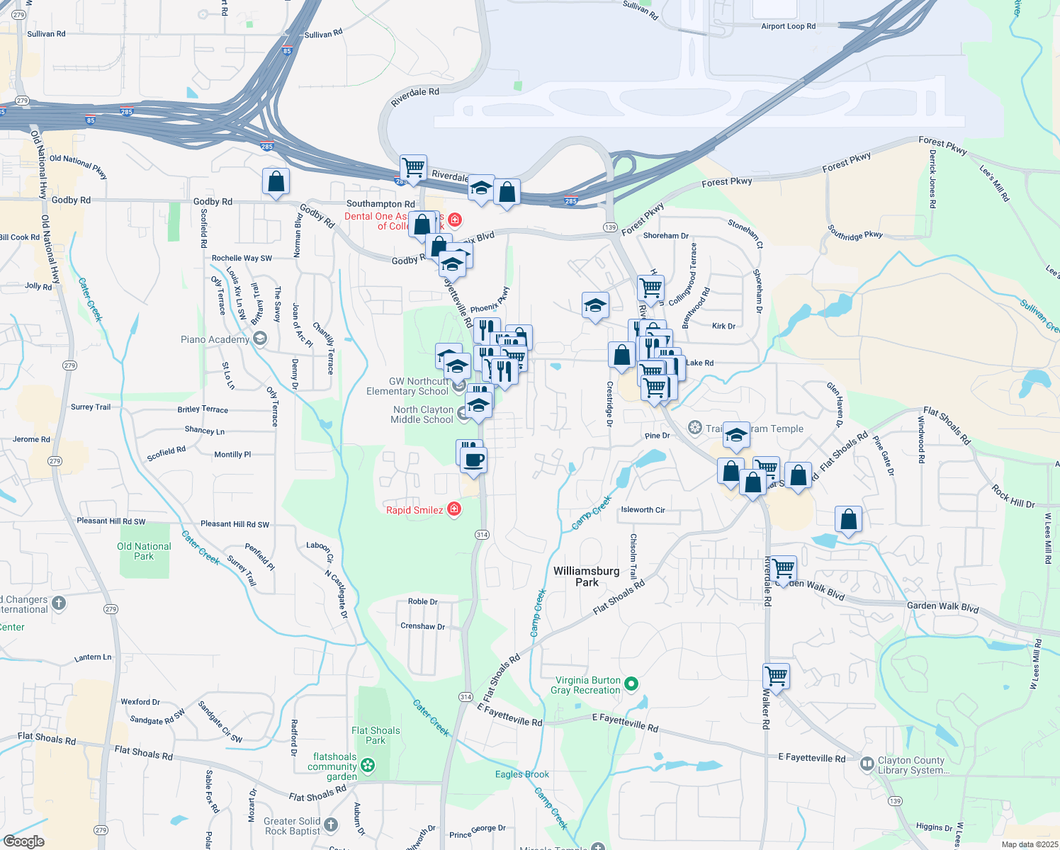 map of restaurants, bars, coffee shops, grocery stores, and more near 5509 Park Place South in Atlanta