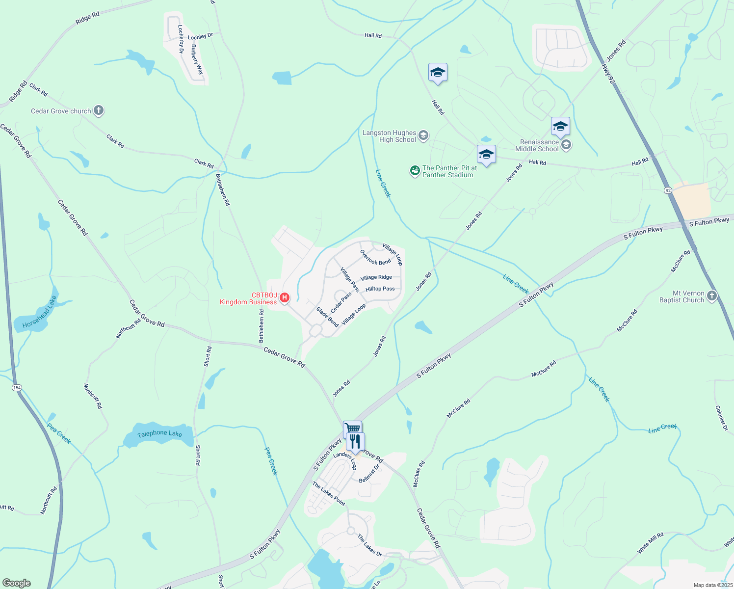 map of restaurants, bars, coffee shops, grocery stores, and more near 5520 Hilltop Pass in Fairburn