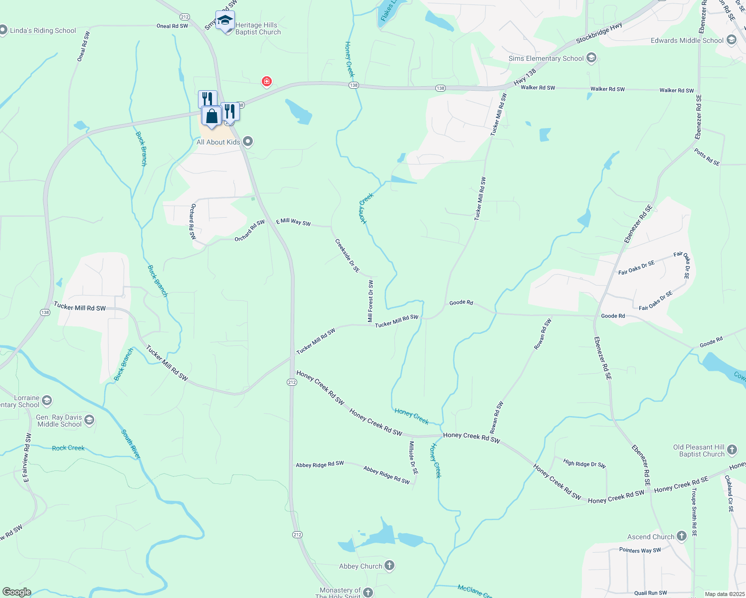 map of restaurants, bars, coffee shops, grocery stores, and more near 3292 Mill Forest Drive Southwest in Conyers