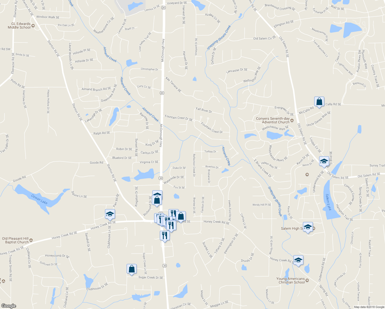 map of restaurants, bars, coffee shops, grocery stores, and more near 2034 Reflection Creek Drive in Conyers