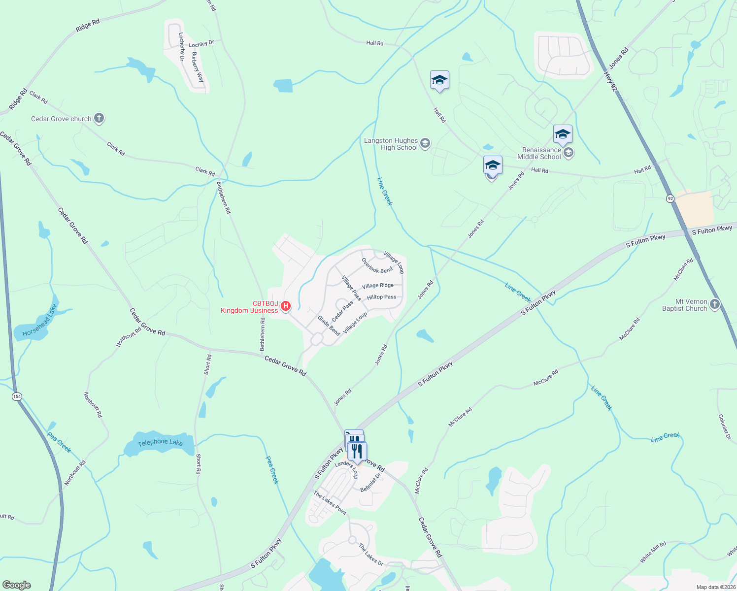 map of restaurants, bars, coffee shops, grocery stores, and more near 5515 Hilltop Pass in Fairburn