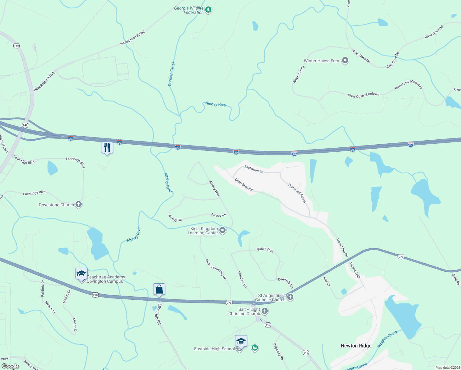 map of restaurants, bars, coffee shops, grocery stores, and more near 275 Deep Step Road in Covington