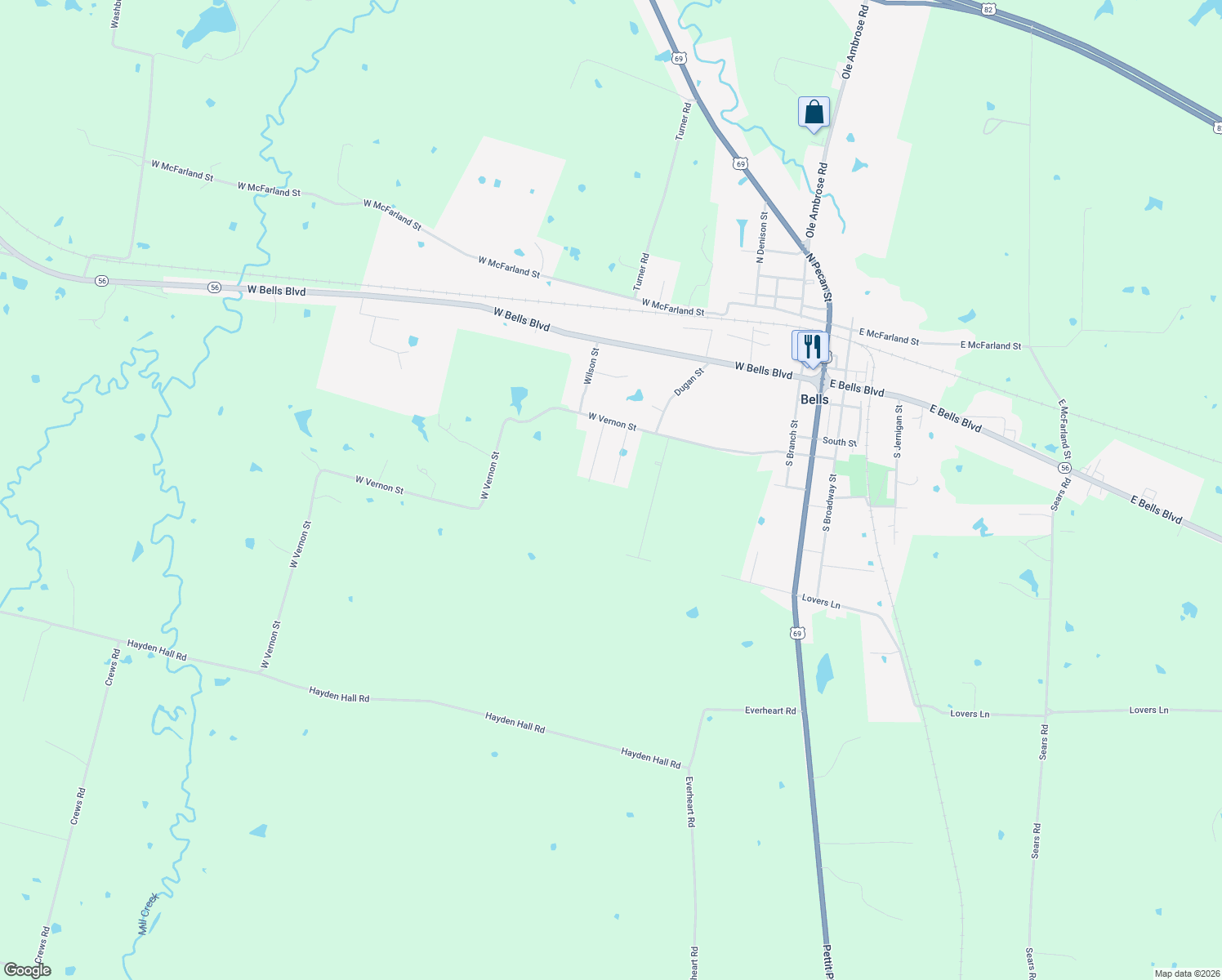 map of restaurants, bars, coffee shops, grocery stores, and more near 411 Sunshine Trail in Bells