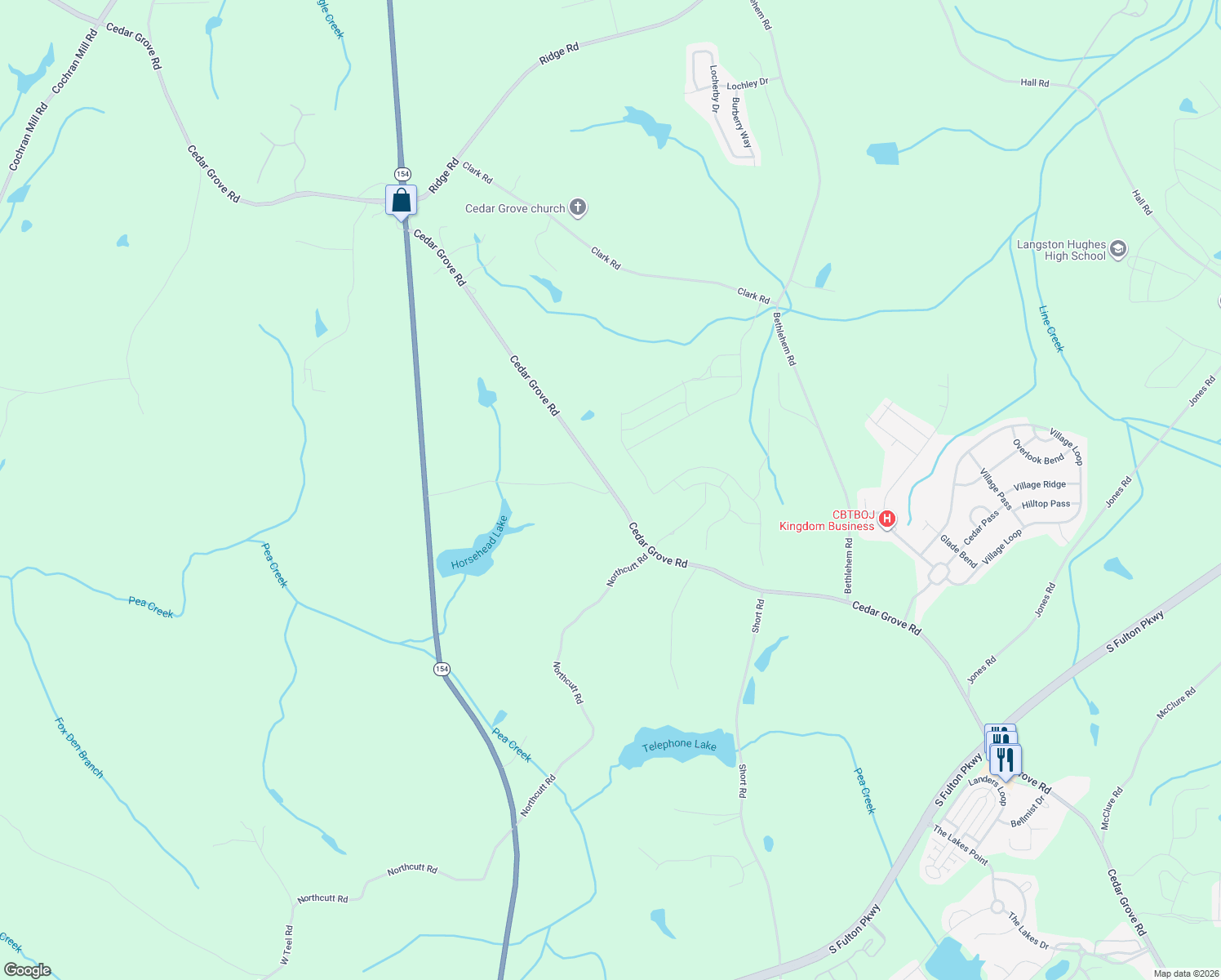 map of restaurants, bars, coffee shops, grocery stores, and more near 8350-8360 Cedar Grove Road in Fairburn