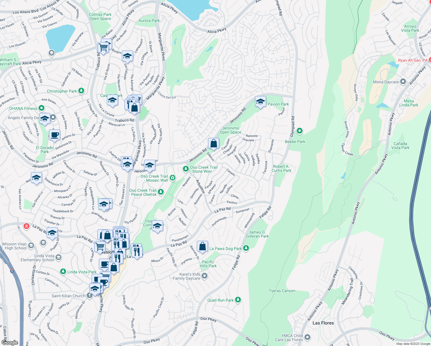 map of restaurants, bars, coffee shops, grocery stores, and more near 27951 Faroles in Mission Viejo