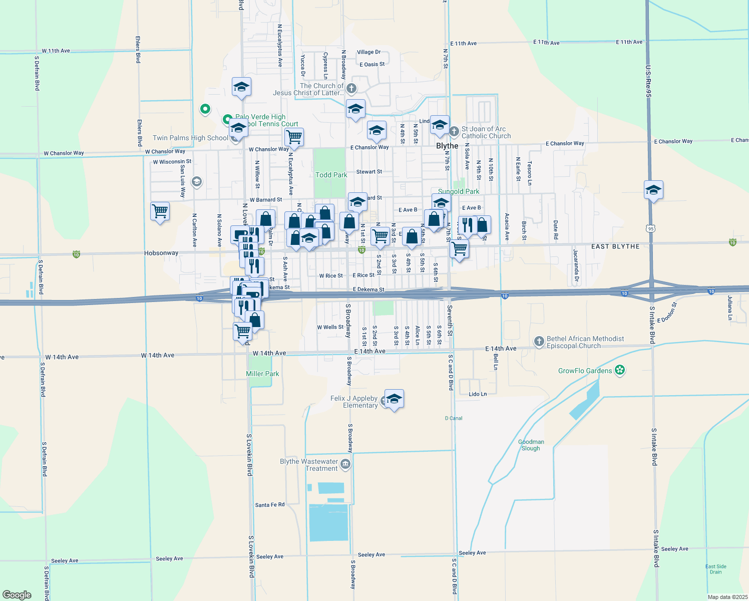 map of restaurants, bars, coffee shops, grocery stores, and more near South 2nd Street in Blythe