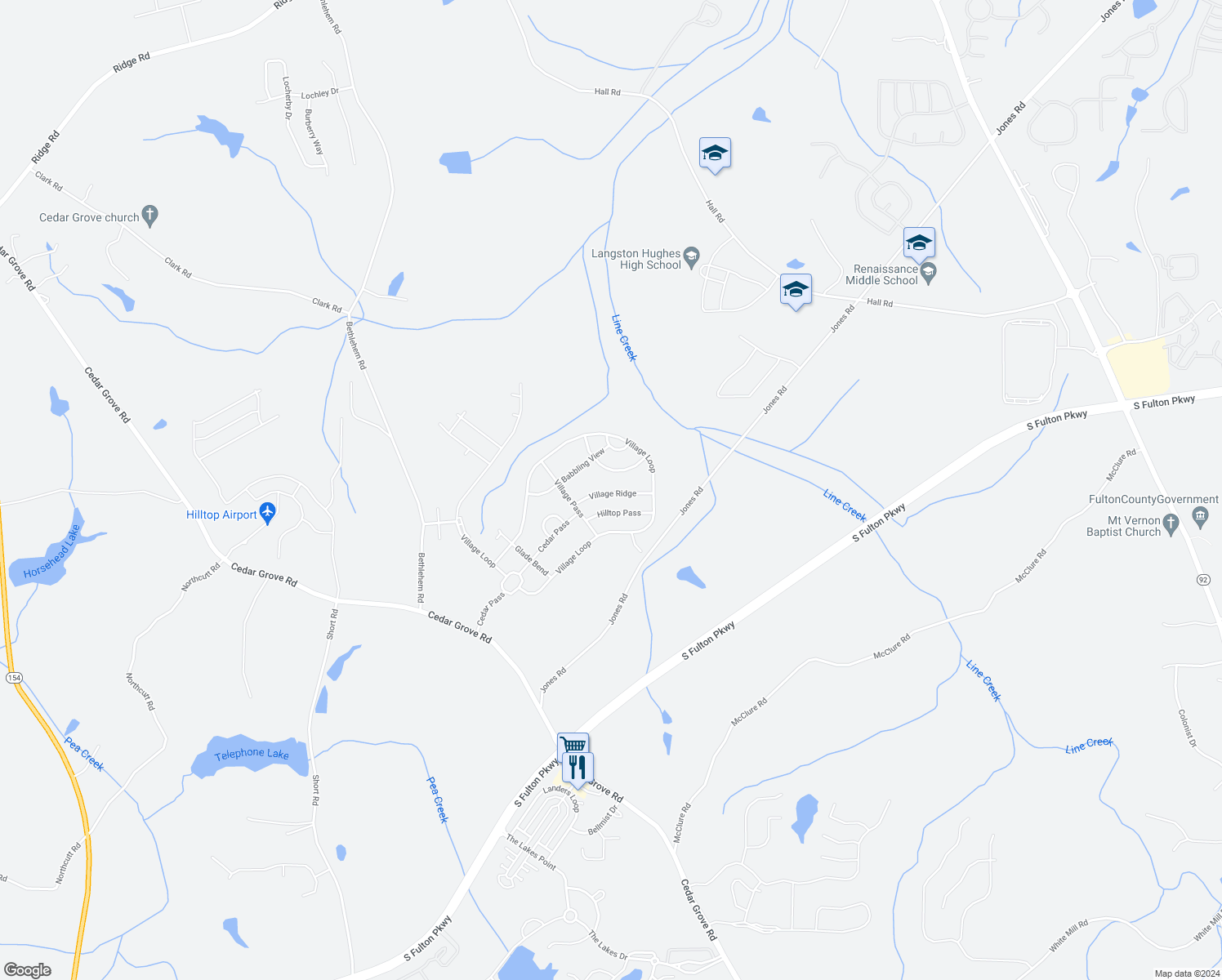 map of restaurants, bars, coffee shops, grocery stores, and more near 5469 Village Ridge in Fairburn