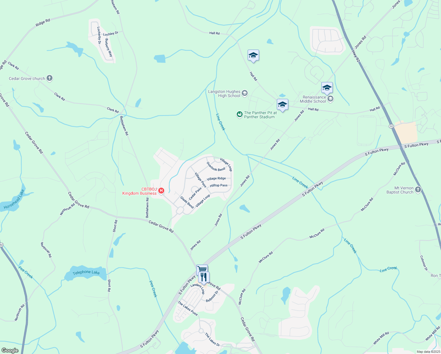 map of restaurants, bars, coffee shops, grocery stores, and more near 5439 Village Ridge in Fairburn