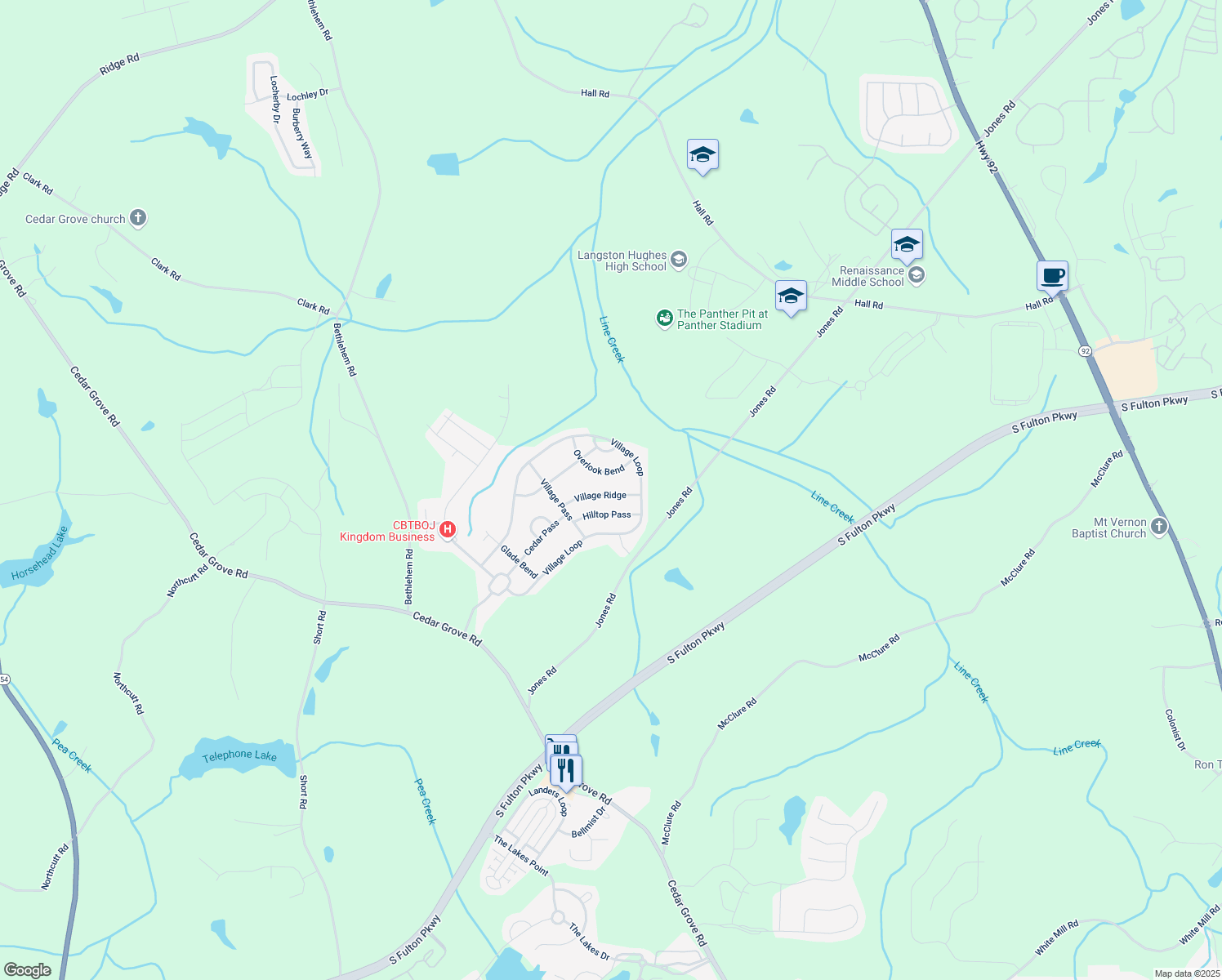 map of restaurants, bars, coffee shops, grocery stores, and more near 5439 Village Ridge in Fairburn