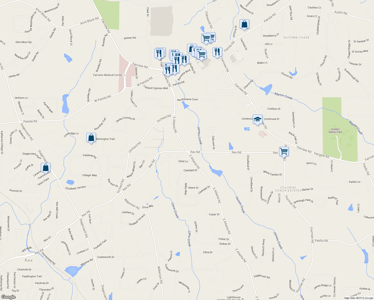 map of restaurants, bars, coffee shops, grocery stores, and more near 2500 East Atlanta Road in Stockbridge