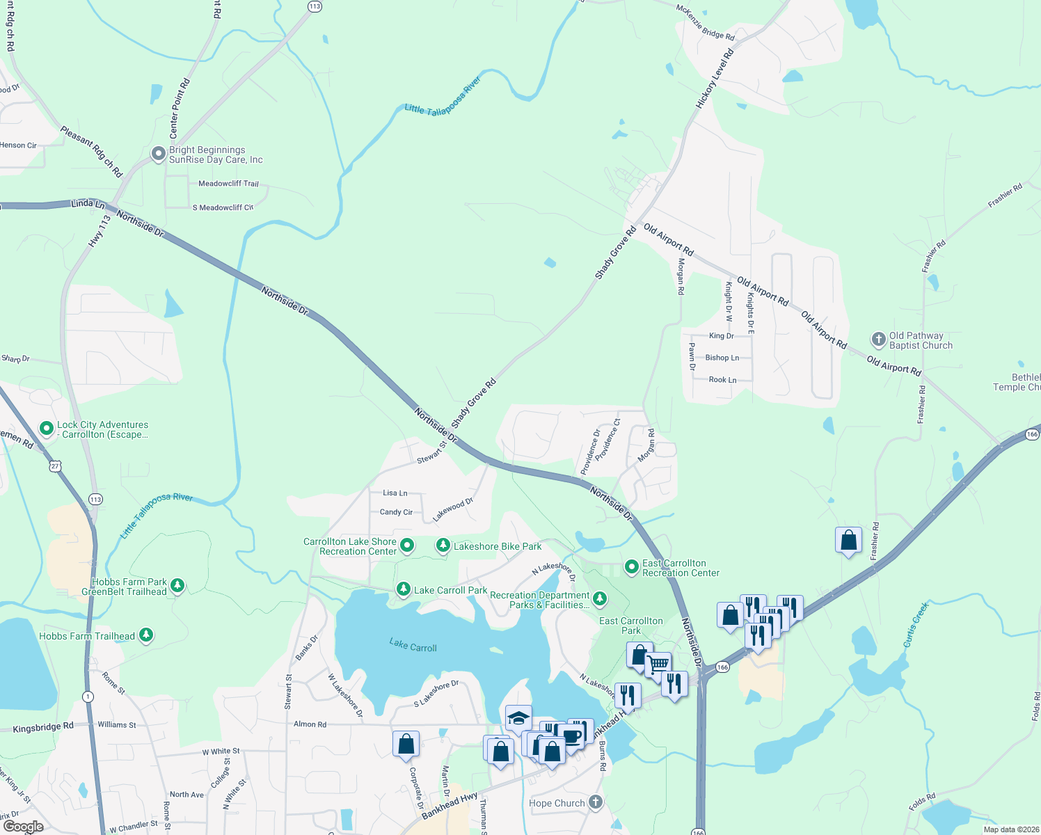 map of restaurants, bars, coffee shops, grocery stores, and more near 215 Farmington Trce in Carrollton