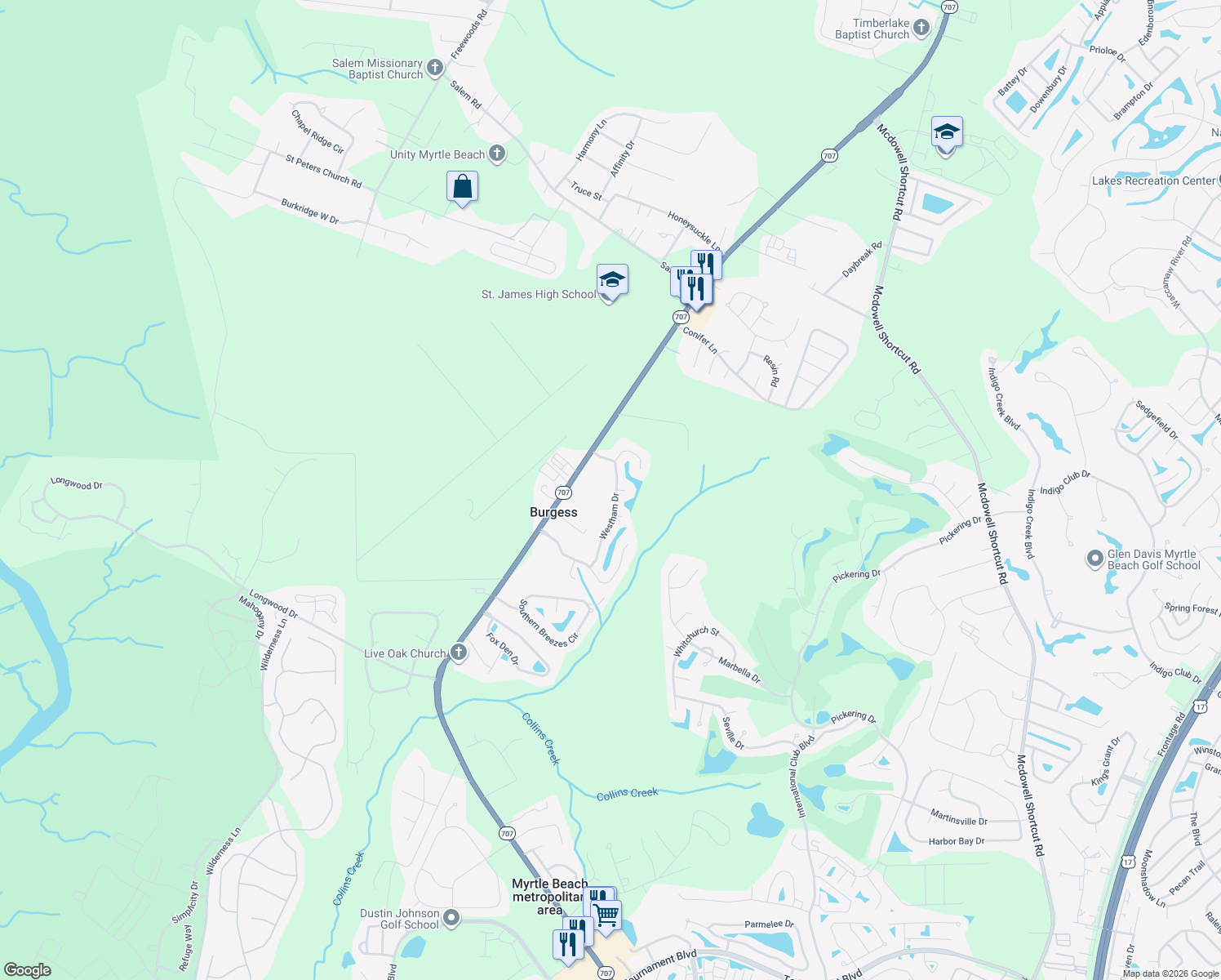 map of restaurants, bars, coffee shops, grocery stores, and more near 469 Westham Drive in Murrells Inlet