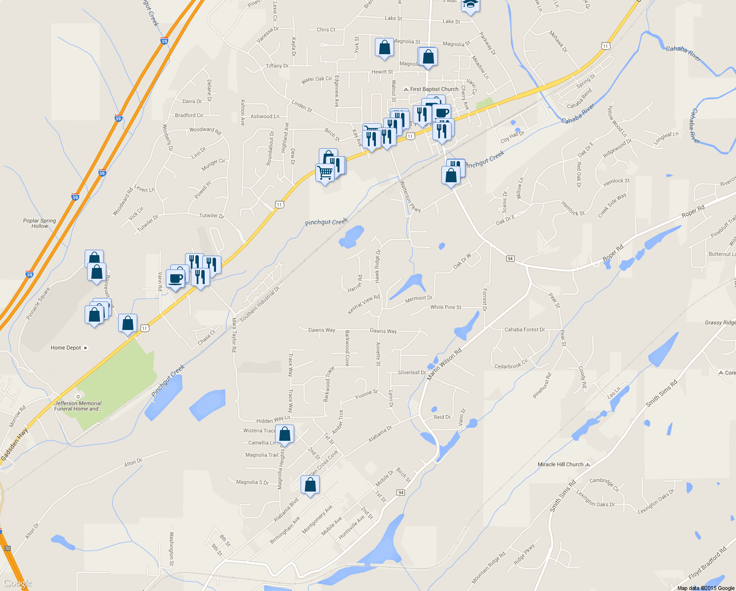 map of restaurants, bars, coffee shops, grocery stores, and more near 6272 Kestral View Road in Trussville
