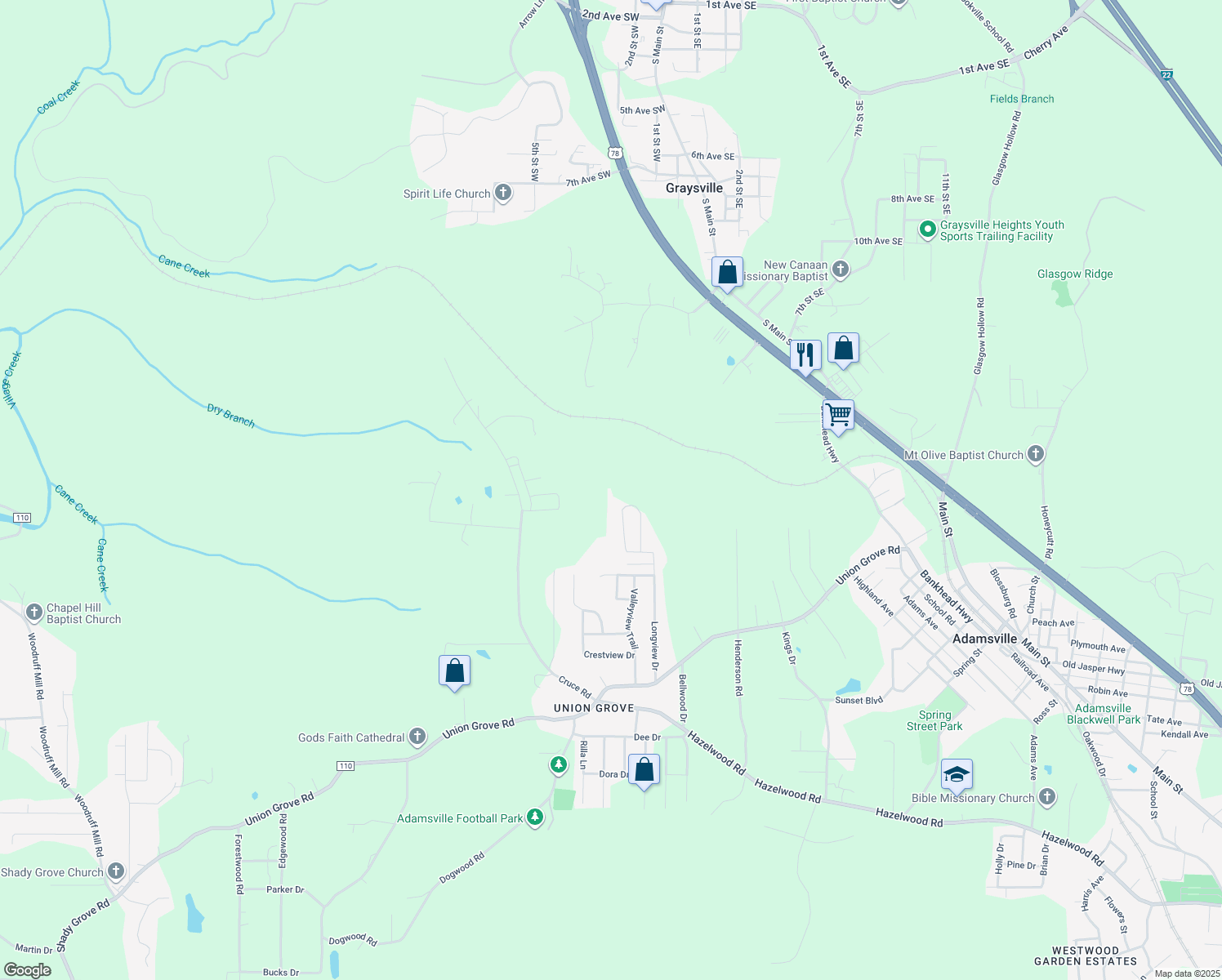 map of restaurants, bars, coffee shops, grocery stores, and more near 937 Garrett Circle in Adamsville
