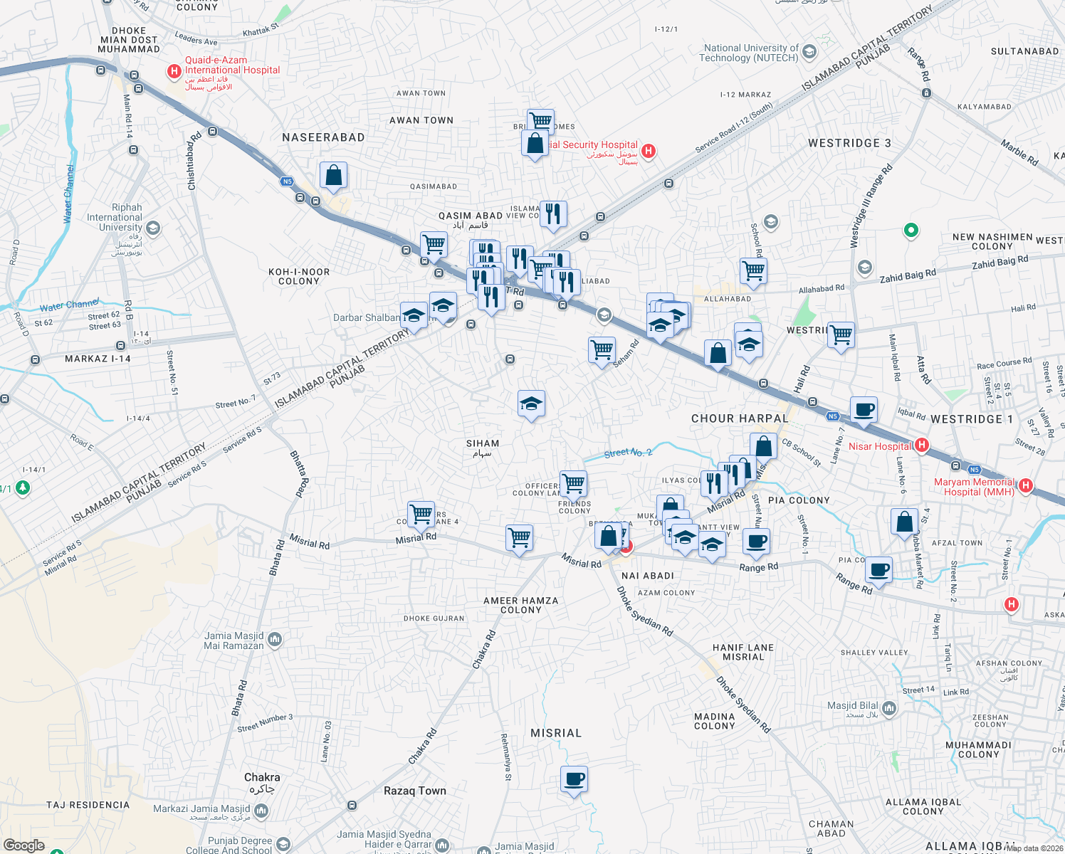 map of restaurants, bars, coffee shops, grocery stores, and more near Siham Road in Rawalpindi