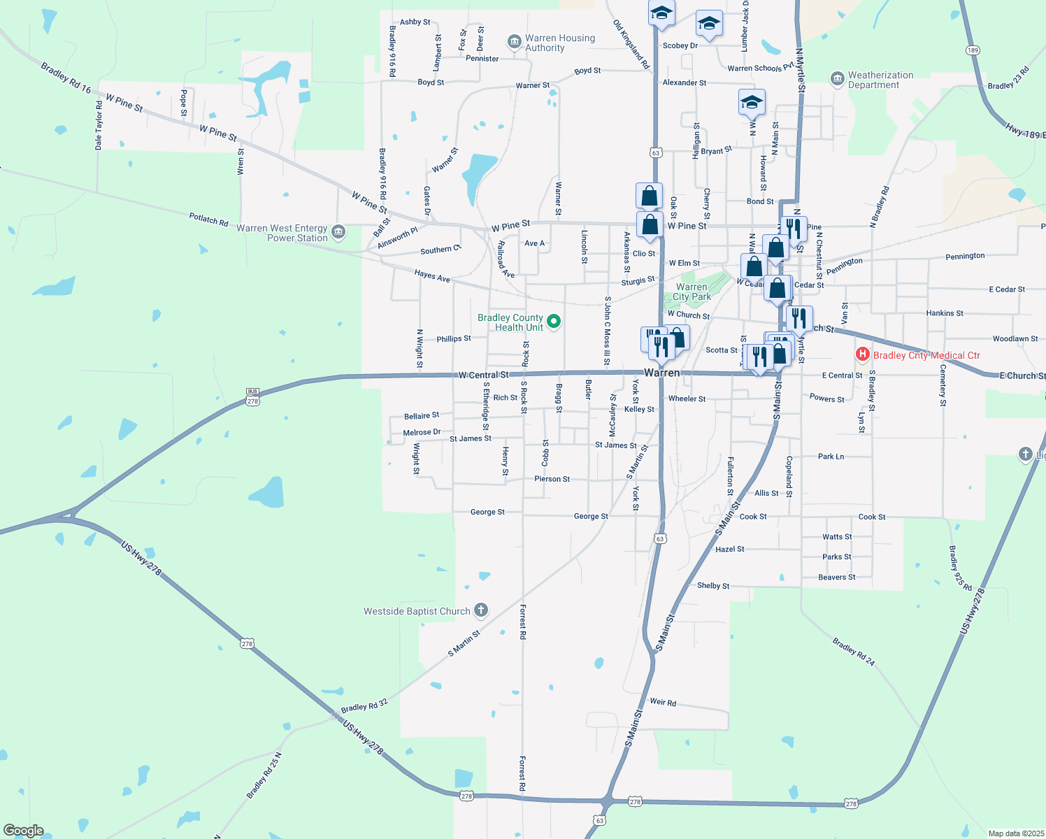 map of restaurants, bars, coffee shops, grocery stores, and more near 1005 West Johnson Street in Warren