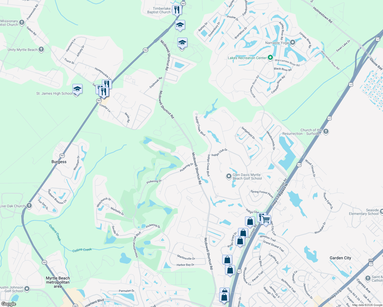 map of restaurants, bars, coffee shops, grocery stores, and more near 1020 Knightsbridge Court in Murrells Inlet