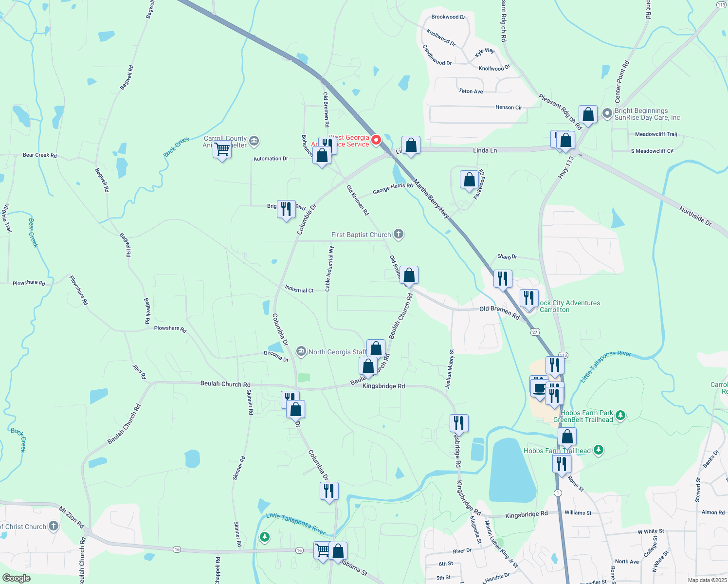 map of restaurants, bars, coffee shops, grocery stores, and more near 125 Terry Terrace in Carrollton
