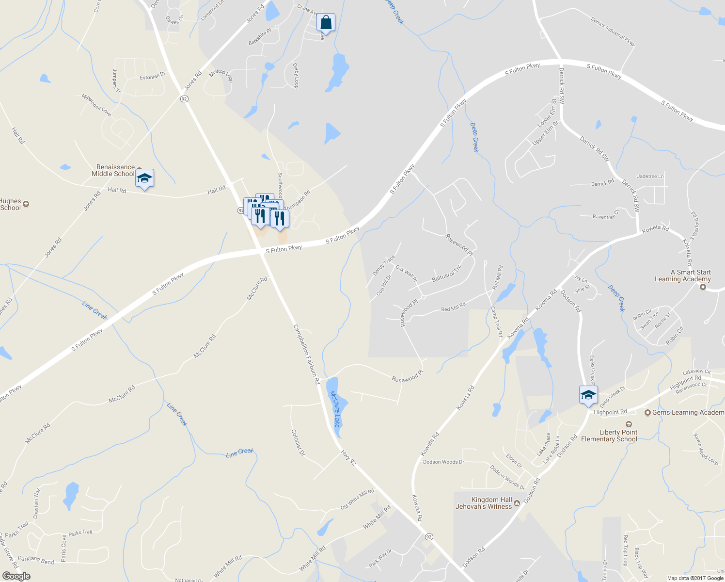 map of restaurants, bars, coffee shops, grocery stores, and more near 5625 Dendy Trace in Fairburn