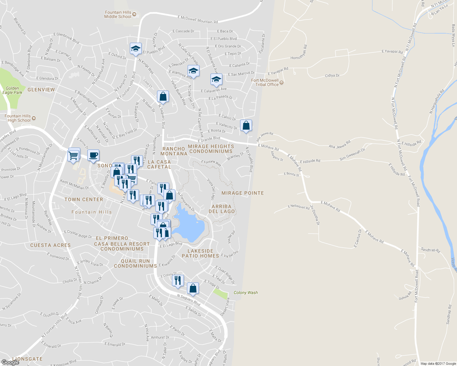 map of restaurants, bars, coffee shops, grocery stores, and more near 17347 East Fontana Way in Fountain Hills