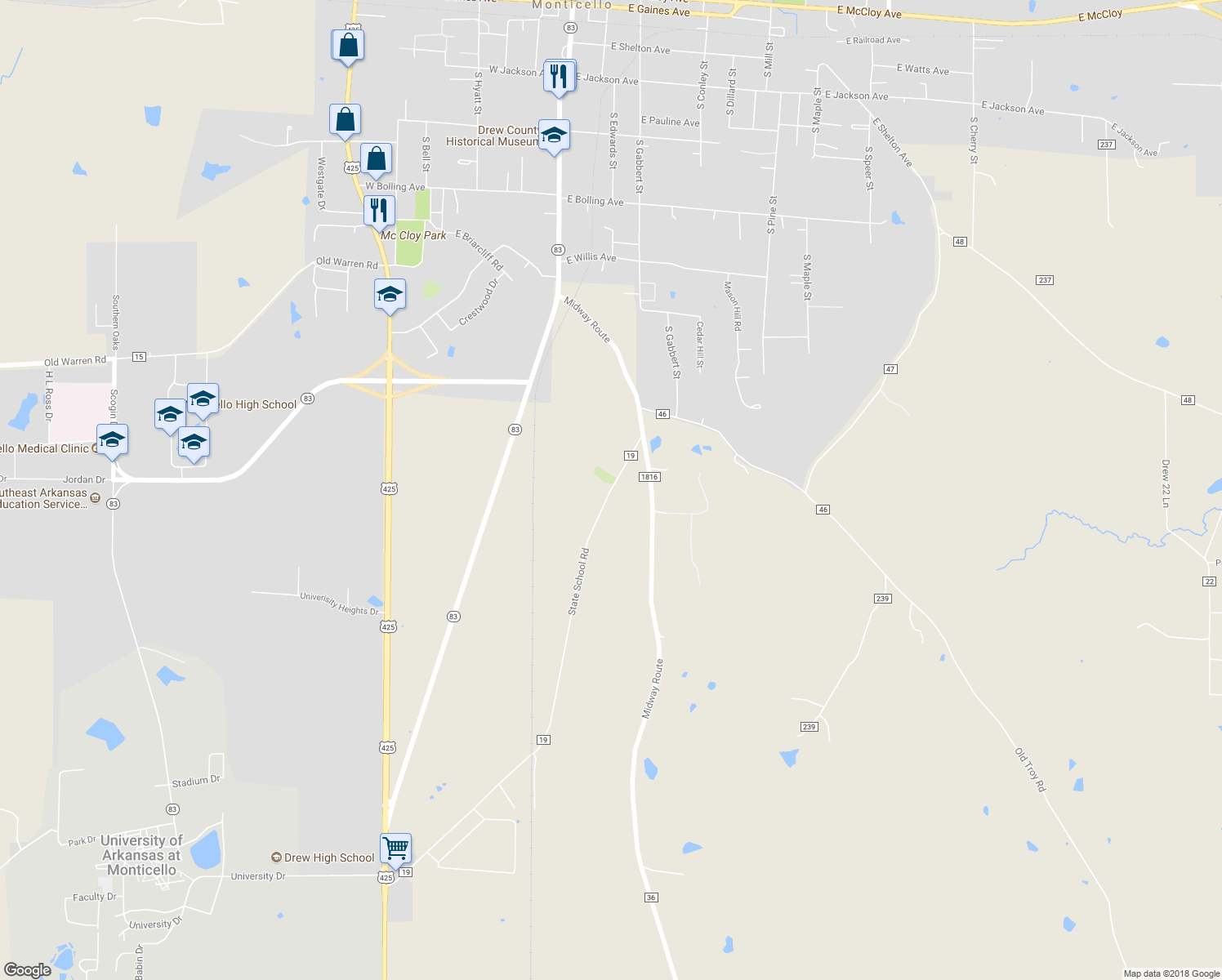 map of restaurants, bars, coffee shops, grocery stores, and more near 178 State School Road in Monticello
