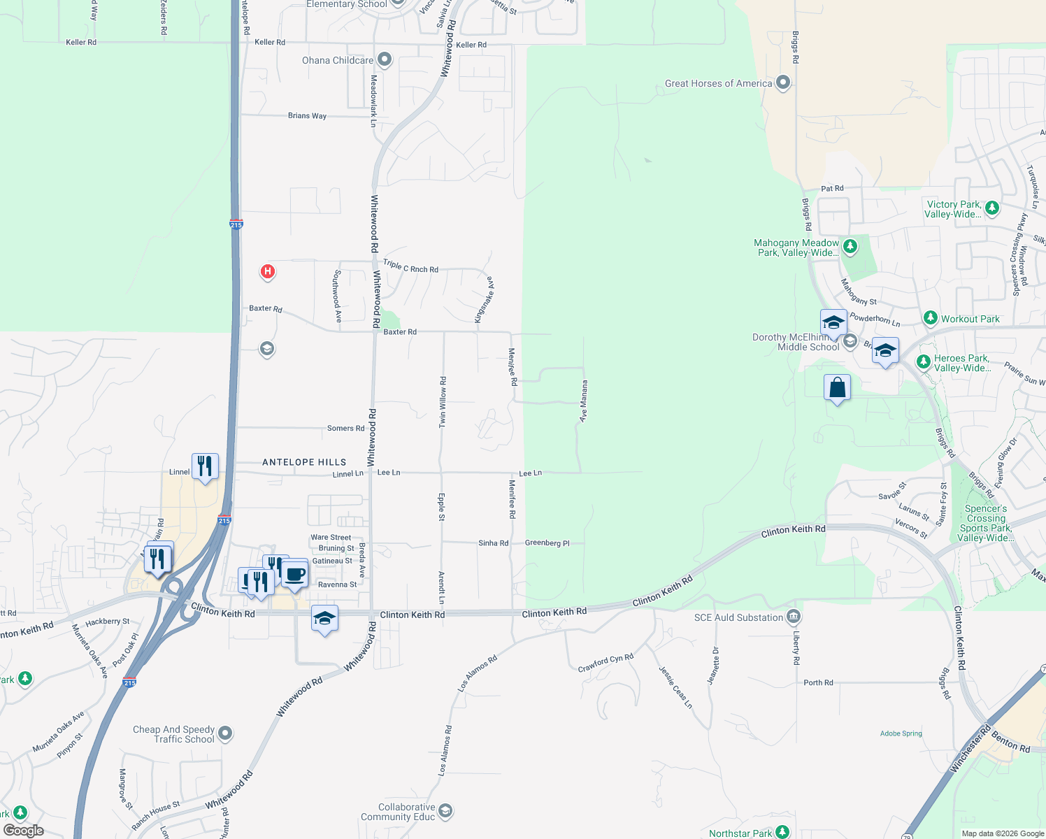 map of restaurants, bars, coffee shops, grocery stores, and more near Menifee Road in Murrieta