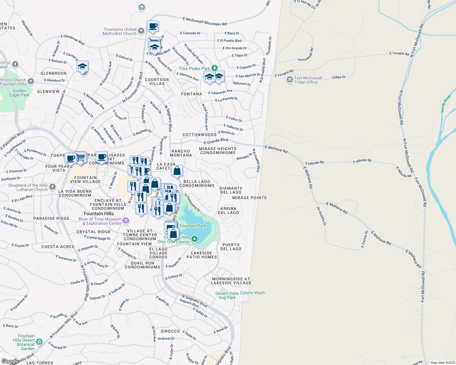 map of restaurants, bars, coffee shops, grocery stores, and more near Lake Overlook Trail in Fountain Hills