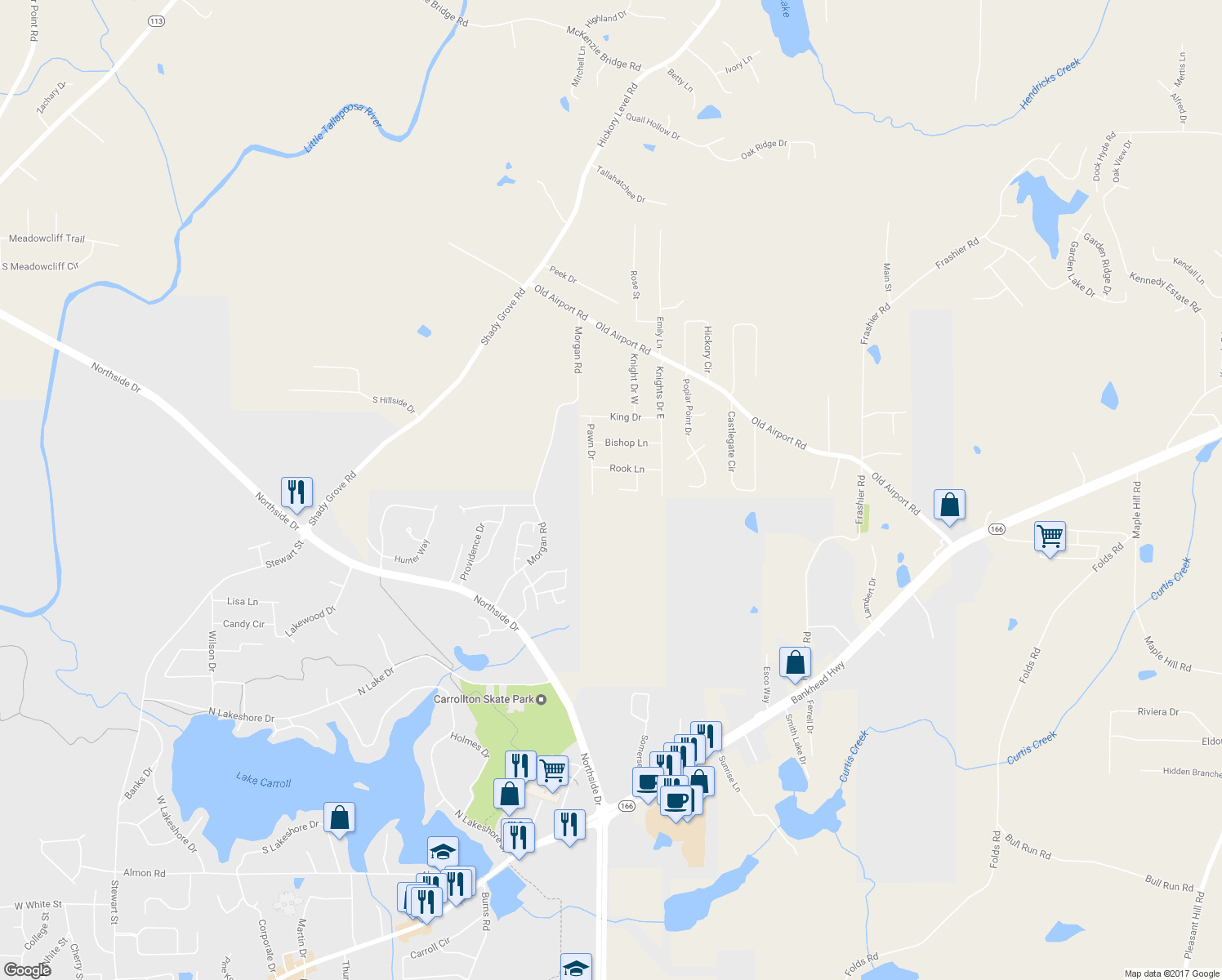 map of restaurants, bars, coffee shops, grocery stores, and more near 25 Queen Court in Carrollton