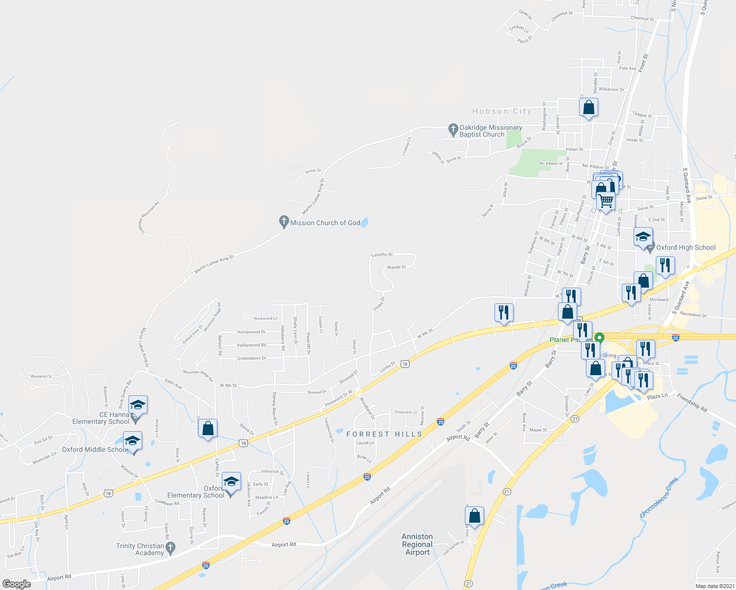 map of restaurants, bars, coffee shops, grocery stores, and more near 805 Timothy Drive in Oxford