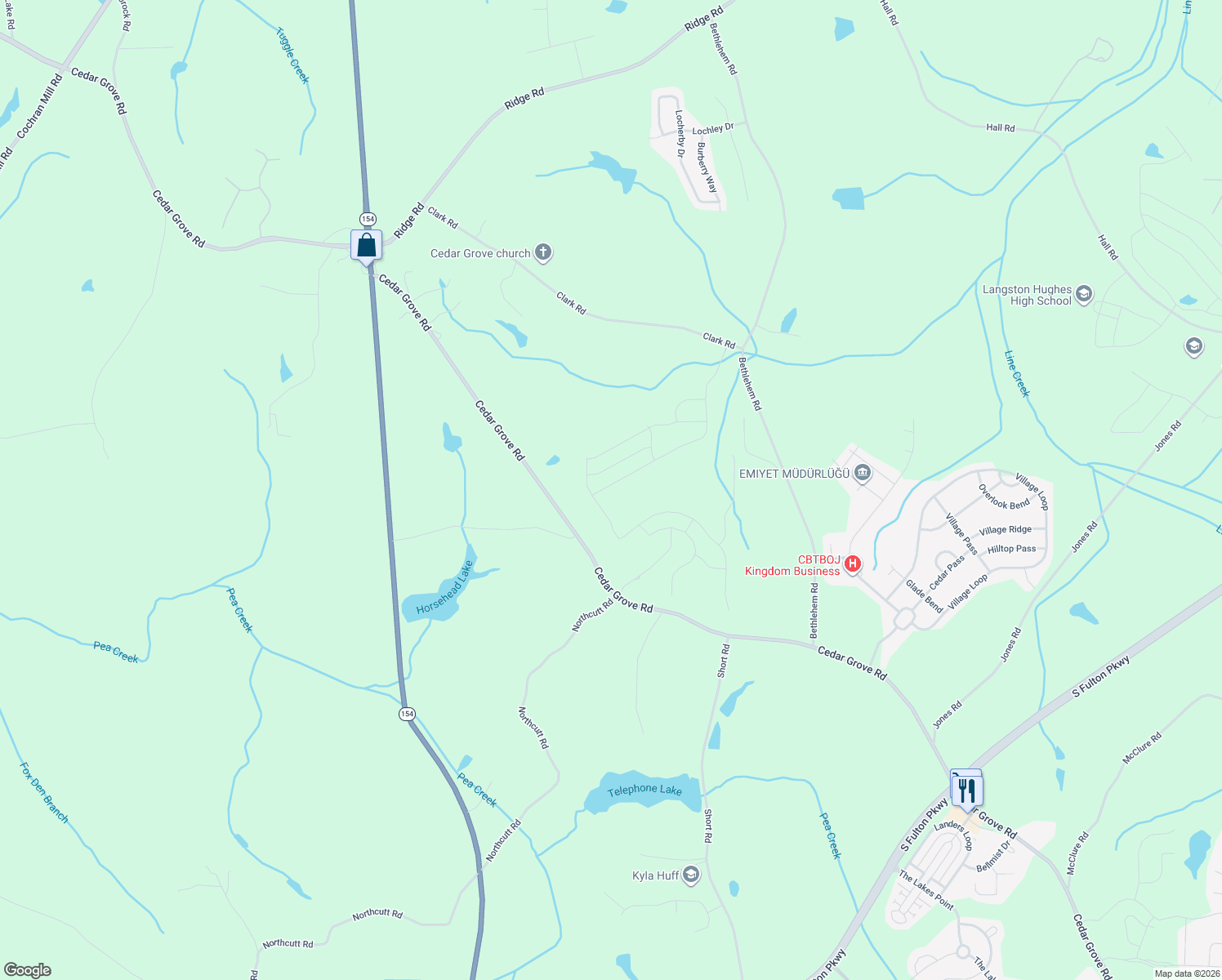 map of restaurants, bars, coffee shops, grocery stores, and more near 8375 Cedar Grove Road in Fairburn