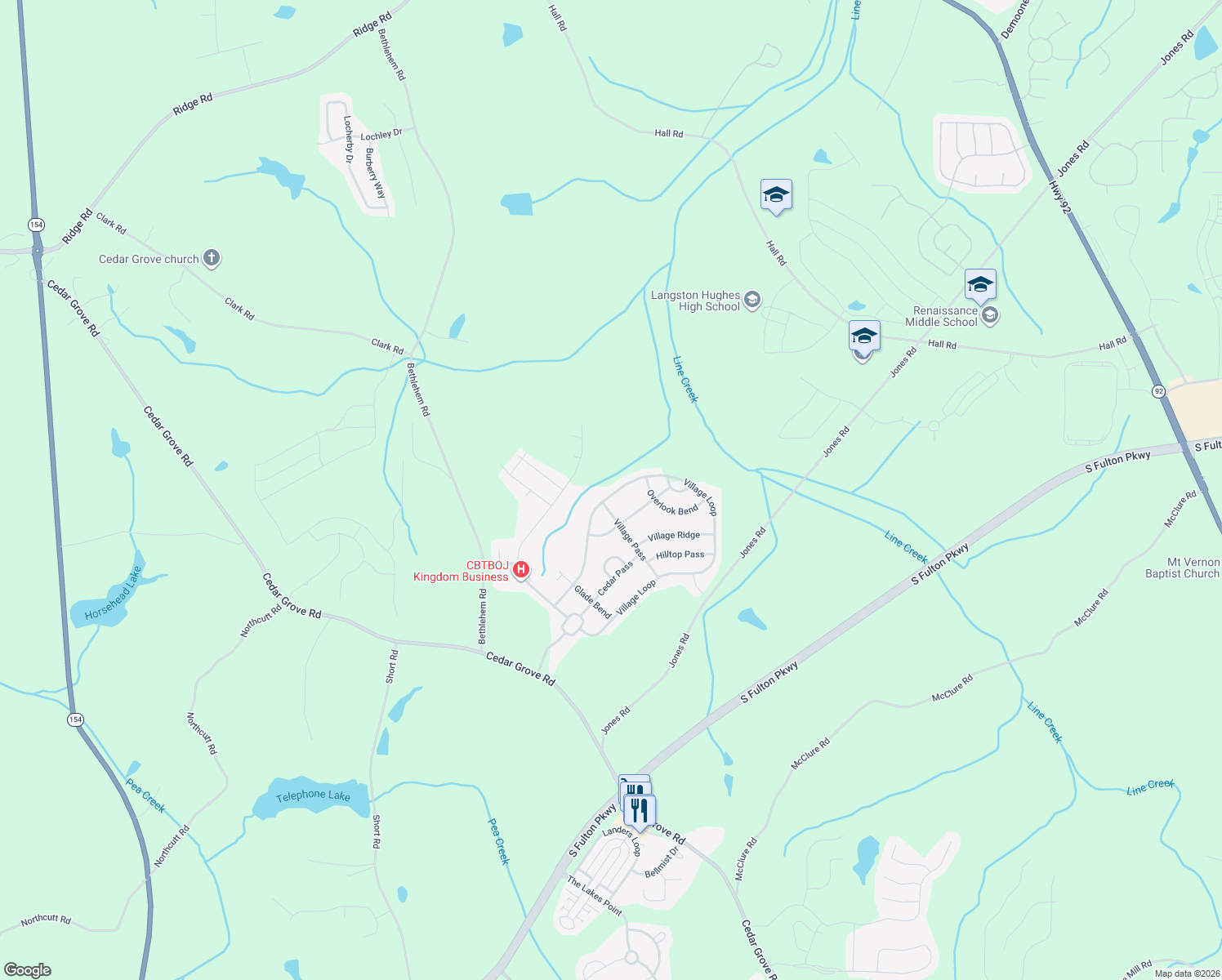map of restaurants, bars, coffee shops, grocery stores, and more near 5839 Village Loop in Fairburn