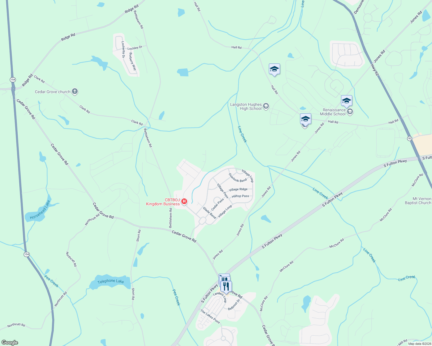 map of restaurants, bars, coffee shops, grocery stores, and more near 5839 Village Loop in Fairburn