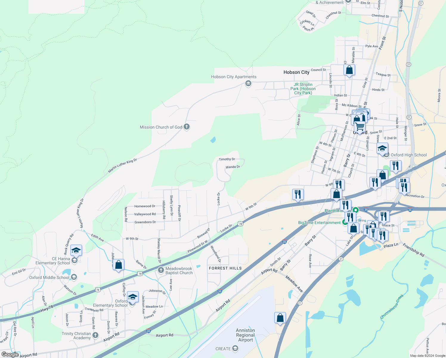 map of restaurants, bars, coffee shops, grocery stores, and more near 702 Wanda Drive in Oxford