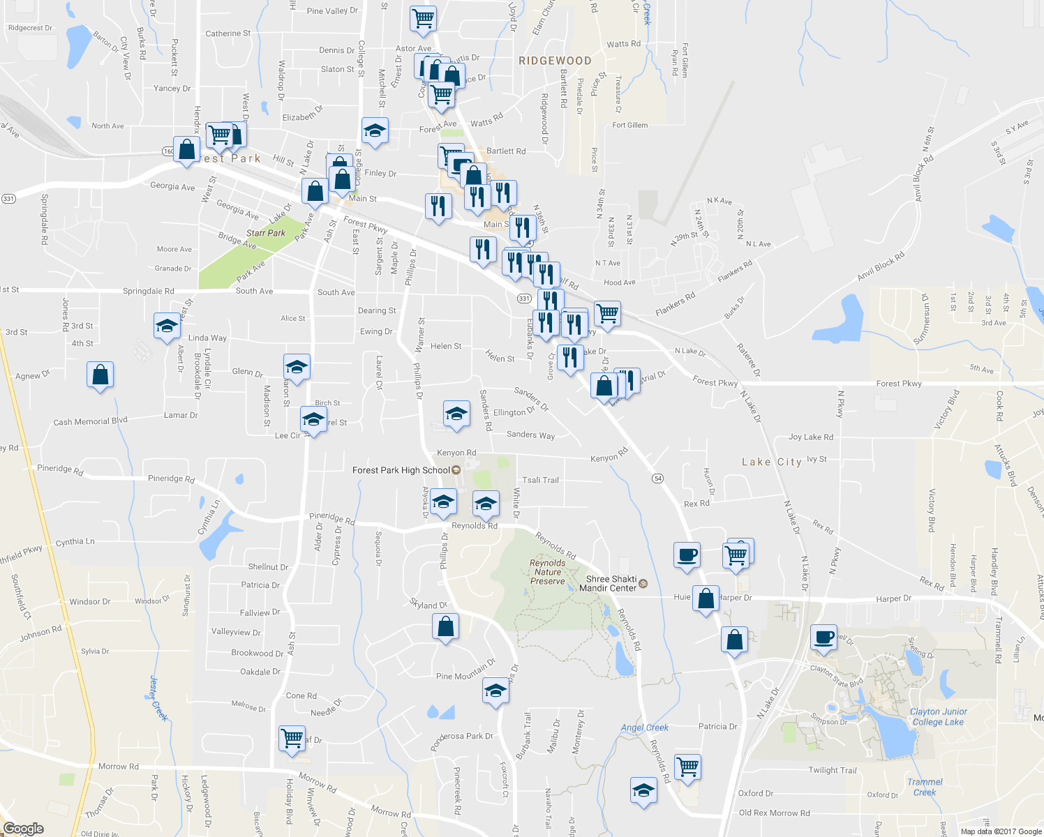 map of restaurants, bars, coffee shops, grocery stores, and more near 1207 Ellington Drive in Morrow