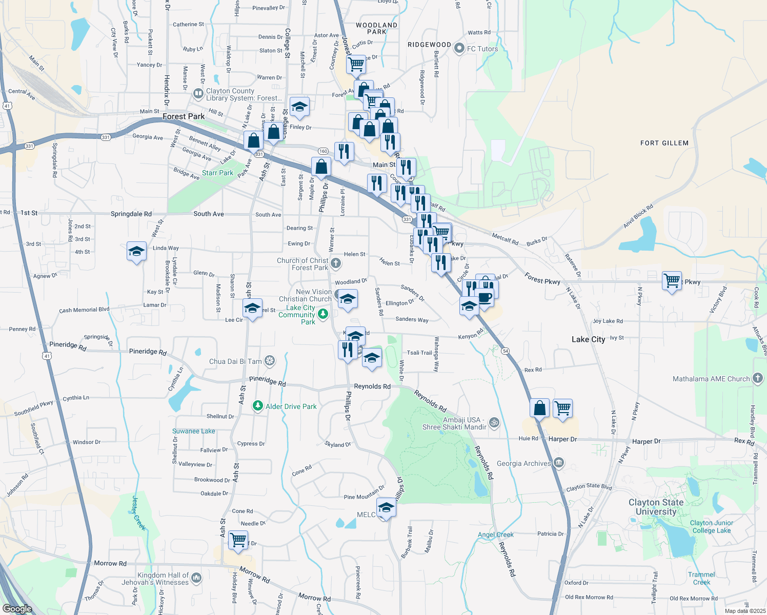 map of restaurants, bars, coffee shops, grocery stores, and more near 1155 Ellington Drive in Lake City