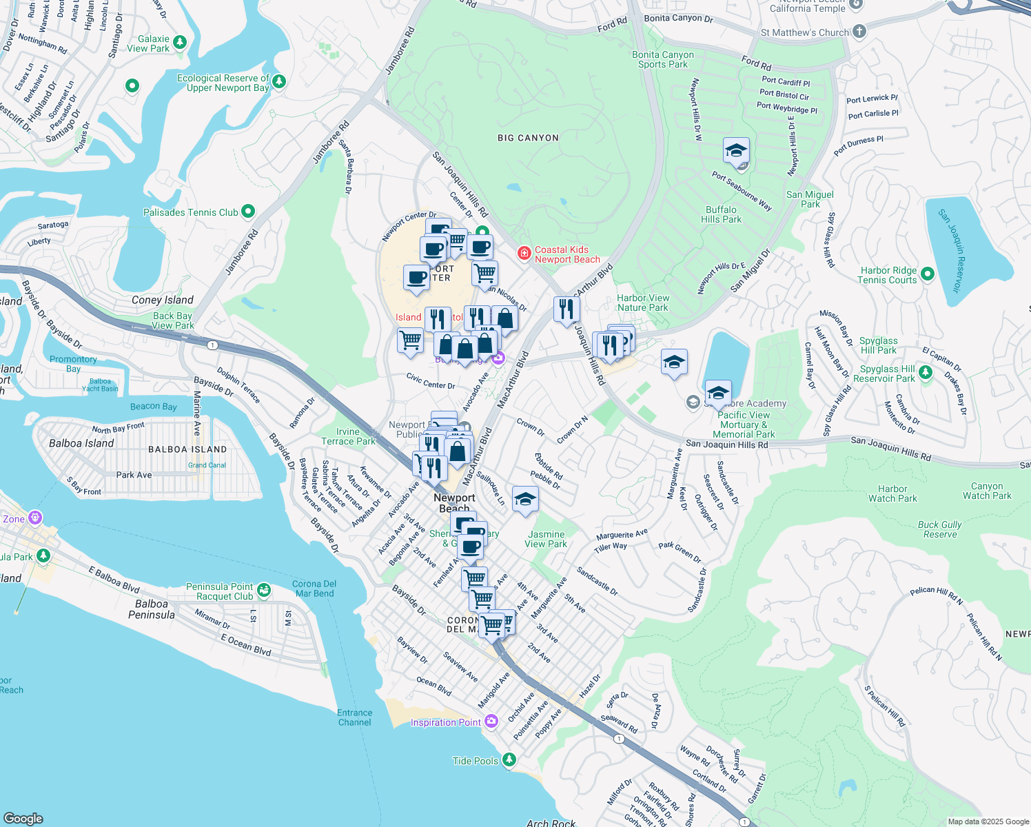 map of restaurants, bars, coffee shops, grocery stores, and more near 2507 Windover Drive in Newport Beach