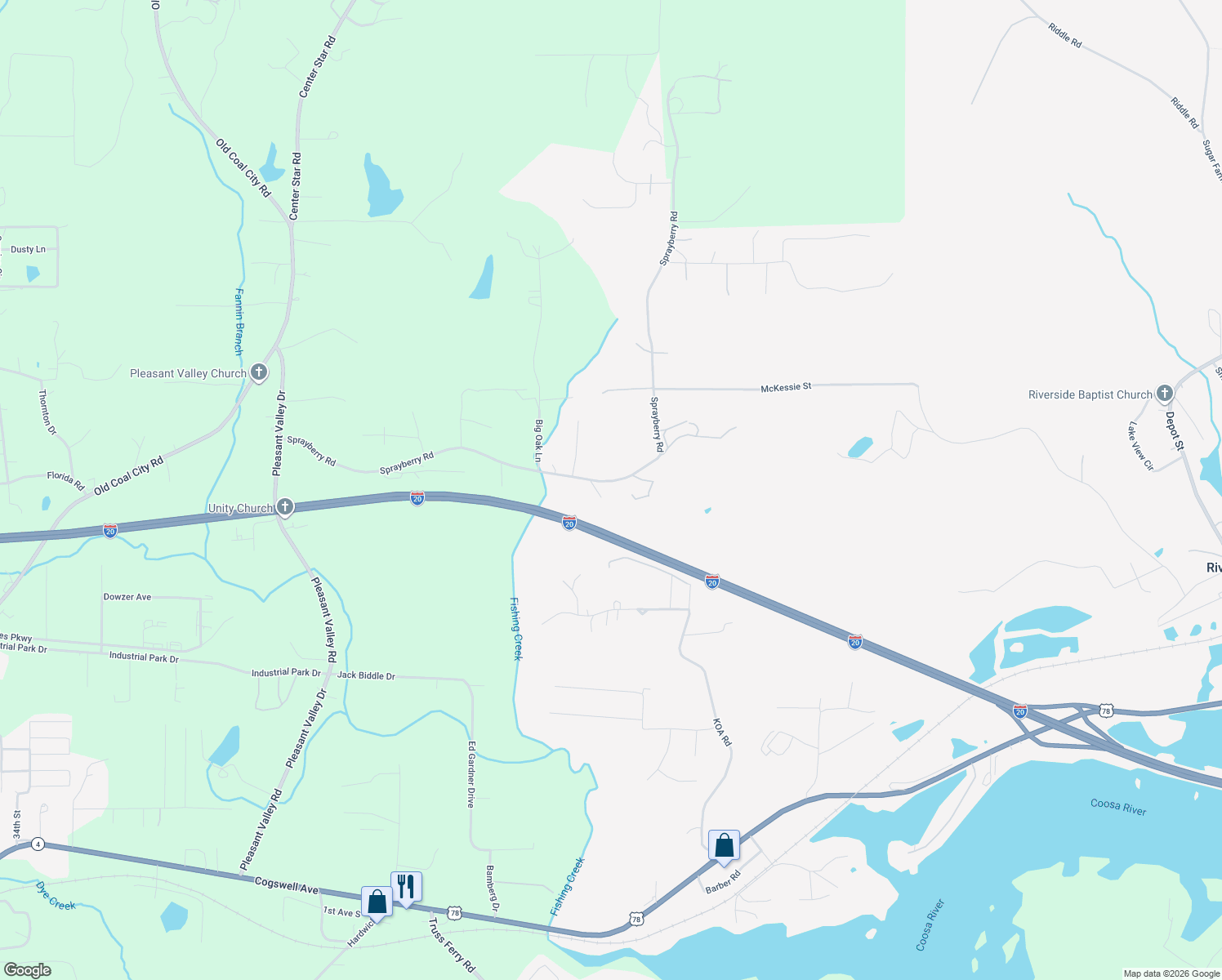 map of restaurants, bars, coffee shops, grocery stores, and more near 2500 Sprayberry Road in Pell City