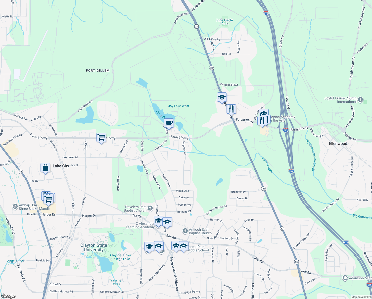 map of restaurants, bars, coffee shops, grocery stores, and more near 5354 Sapphire Cir in Ellenwood
