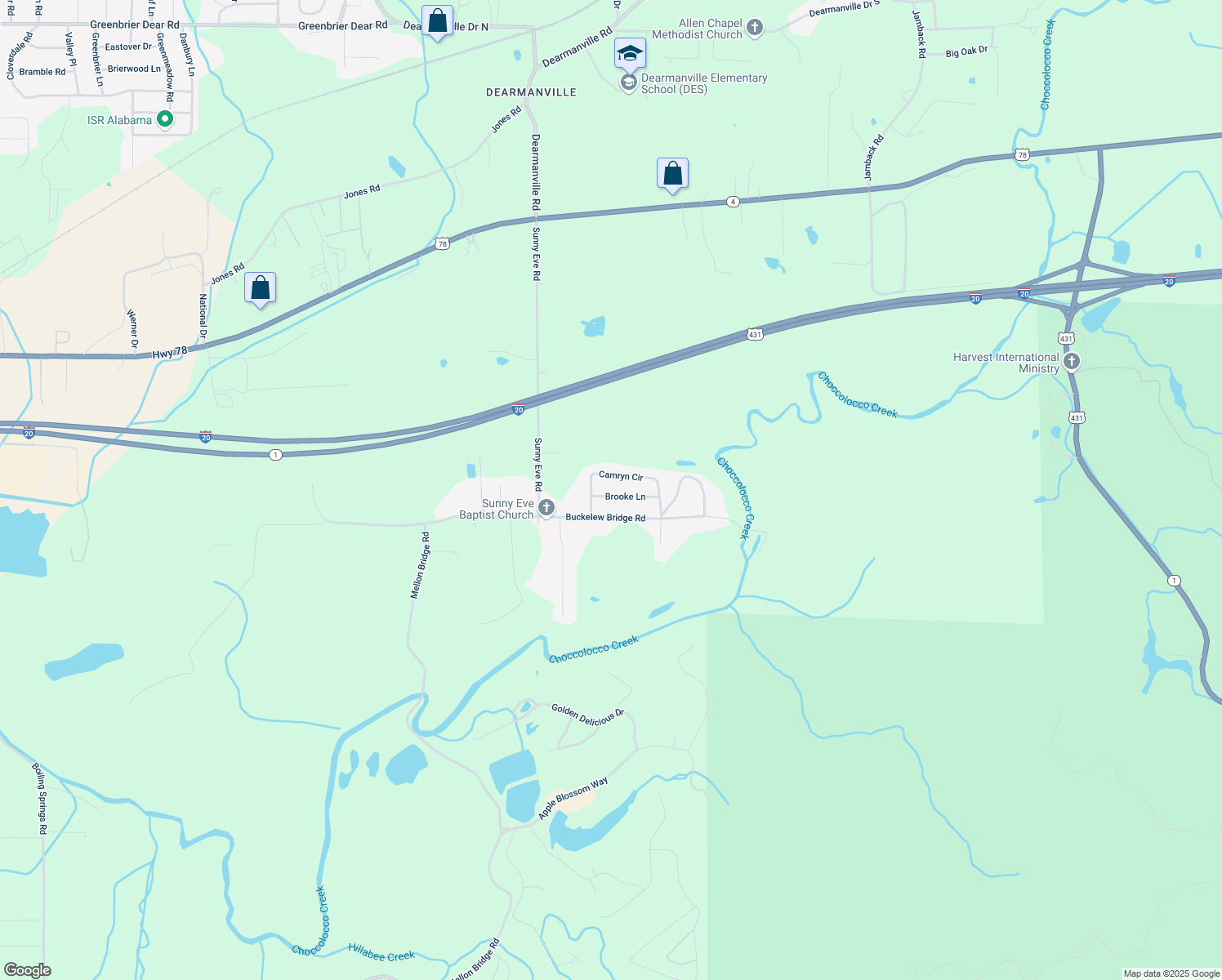 map of restaurants, bars, coffee shops, grocery stores, and more near 61 Brooke Lane in Anniston