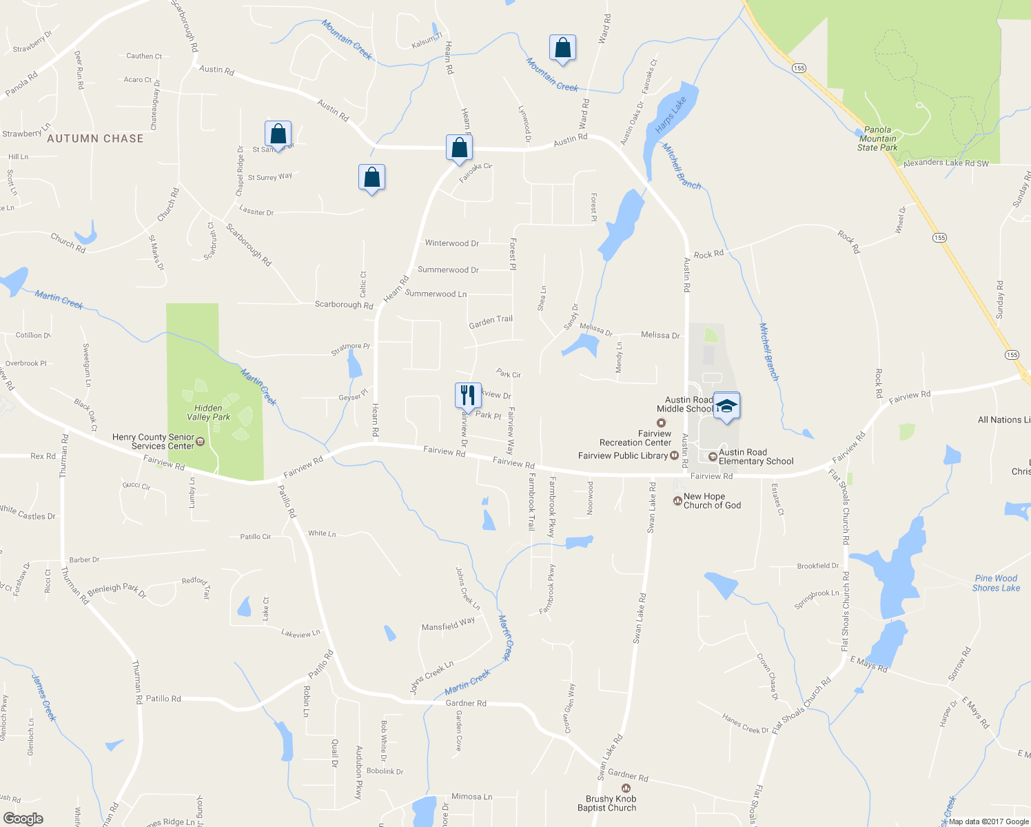 map of restaurants, bars, coffee shops, grocery stores, and more near 117 Fairview Way in Stockbridge
