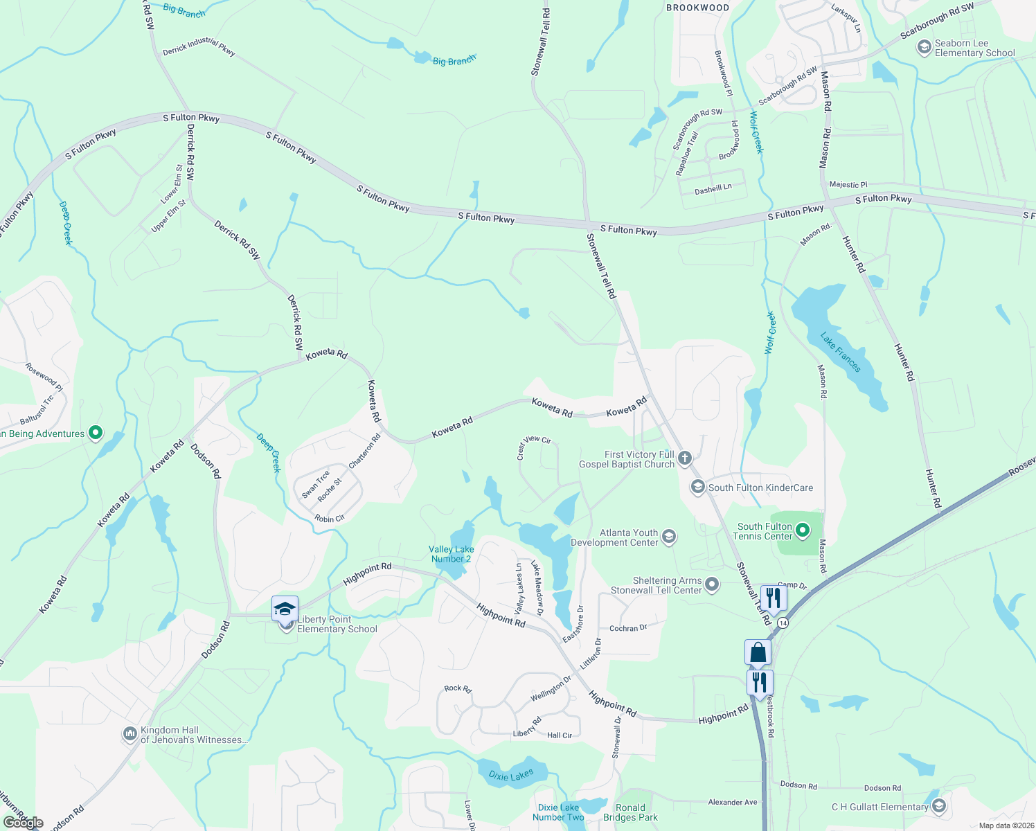 map of restaurants, bars, coffee shops, grocery stores, and more near 5380 Koweta Road in College Park