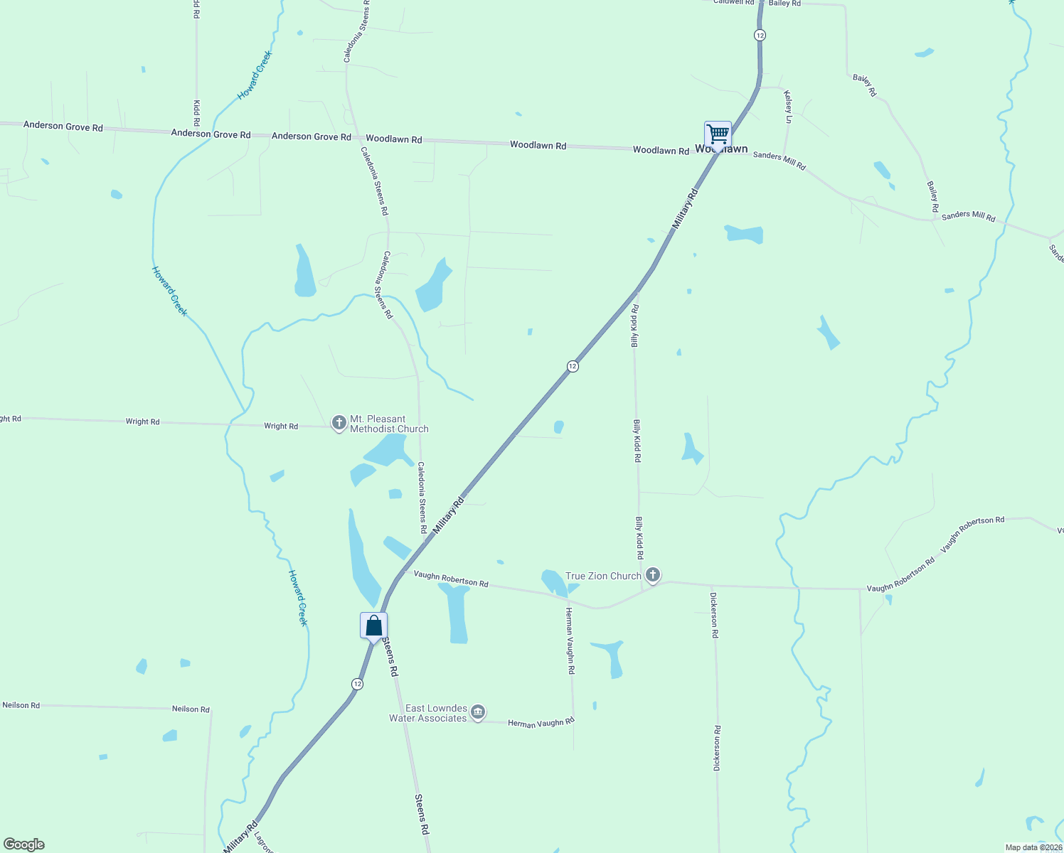 map of restaurants, bars, coffee shops, grocery stores, and more near 7112 Mississippi 12 in Steens