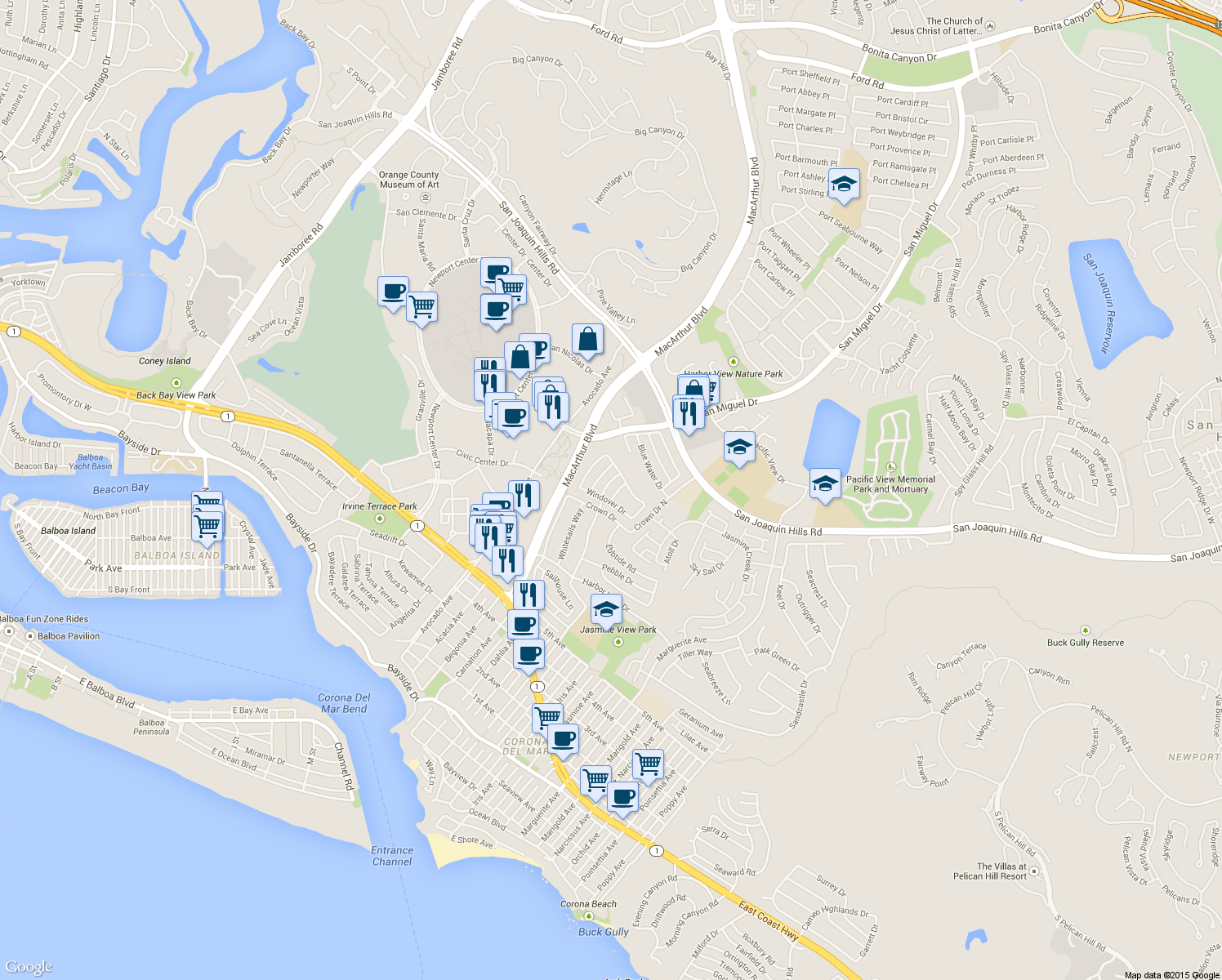 map of restaurants, bars, coffee shops, grocery stores, and more near 1211 Starboard Way in Newport Beach
