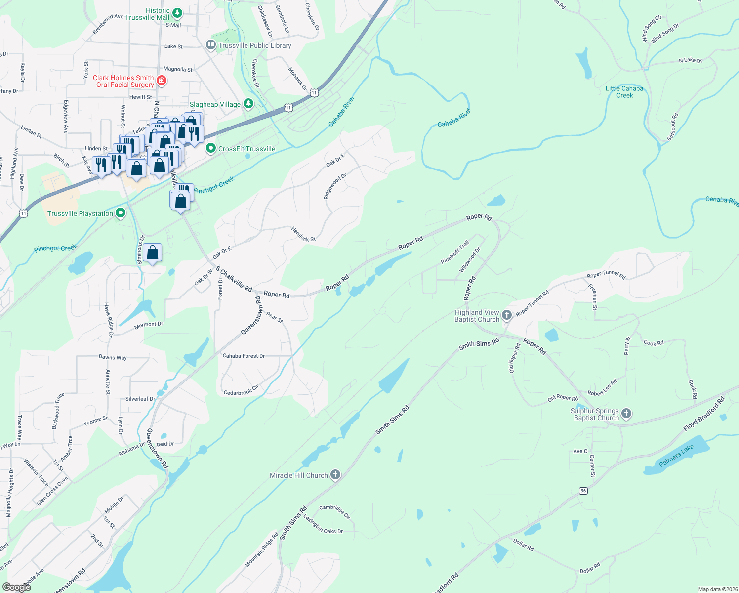 map of restaurants, bars, coffee shops, grocery stores, and more near 6873 Roper Road in Trussville