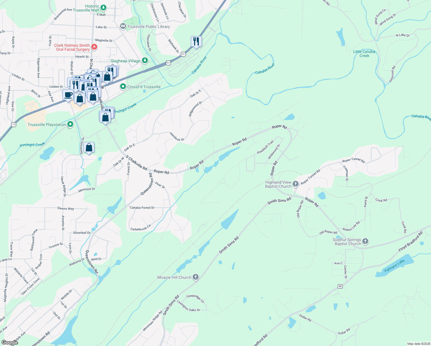 map of restaurants, bars, coffee shops, grocery stores, and more near 6873 Roper Road in Trussville