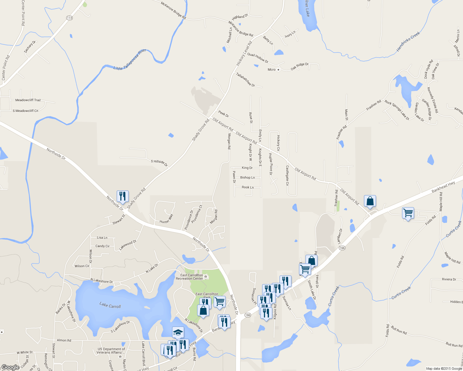 map of restaurants, bars, coffee shops, grocery stores, and more near 65 Pawn Drive in Carrollton
