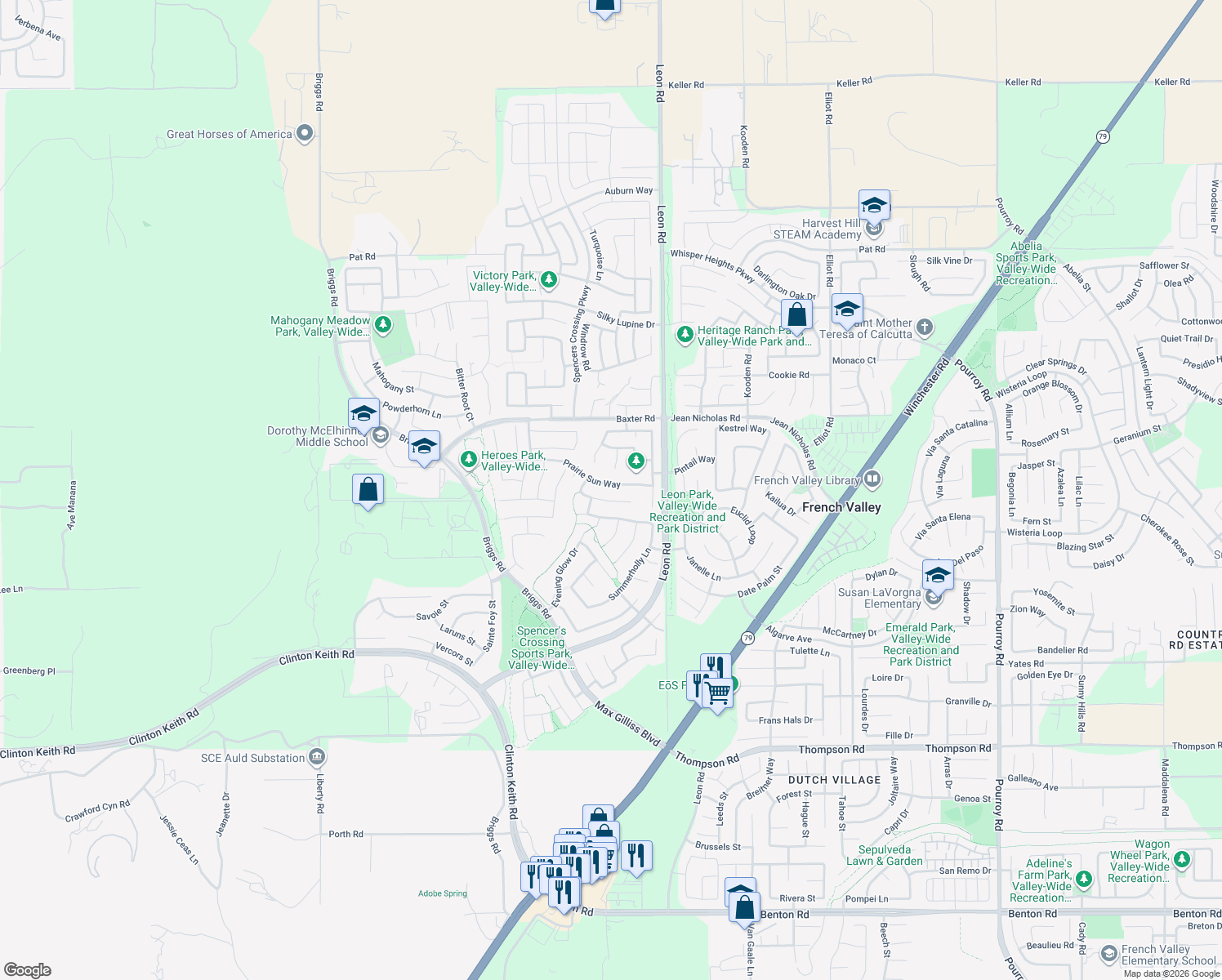 map of restaurants, bars, coffee shops, grocery stores, and more near 30833 Prairie Sun Way in Murrieta