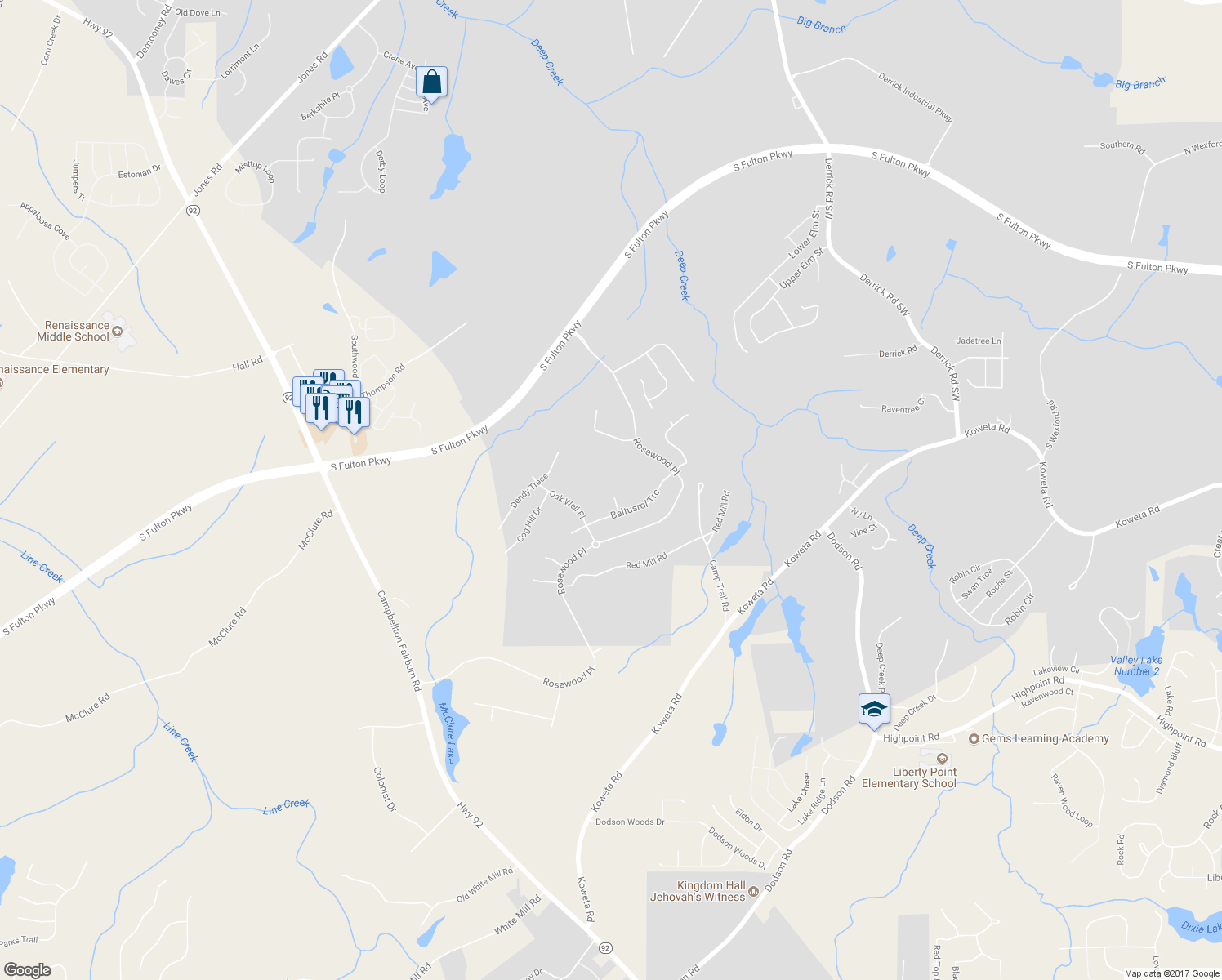 map of restaurants, bars, coffee shops, grocery stores, and more near 218 Tralee Circle in Fairburn